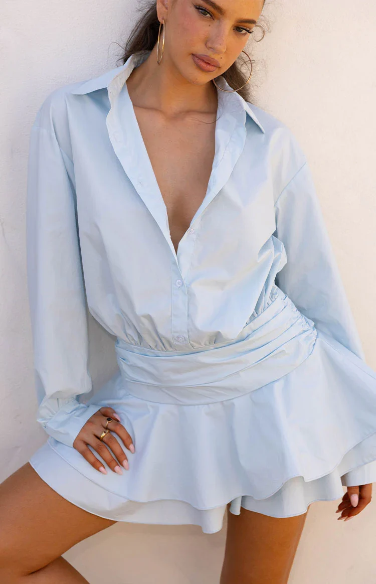 Nicolaini Light Blue Long Sleeve Mini Shirt Dress