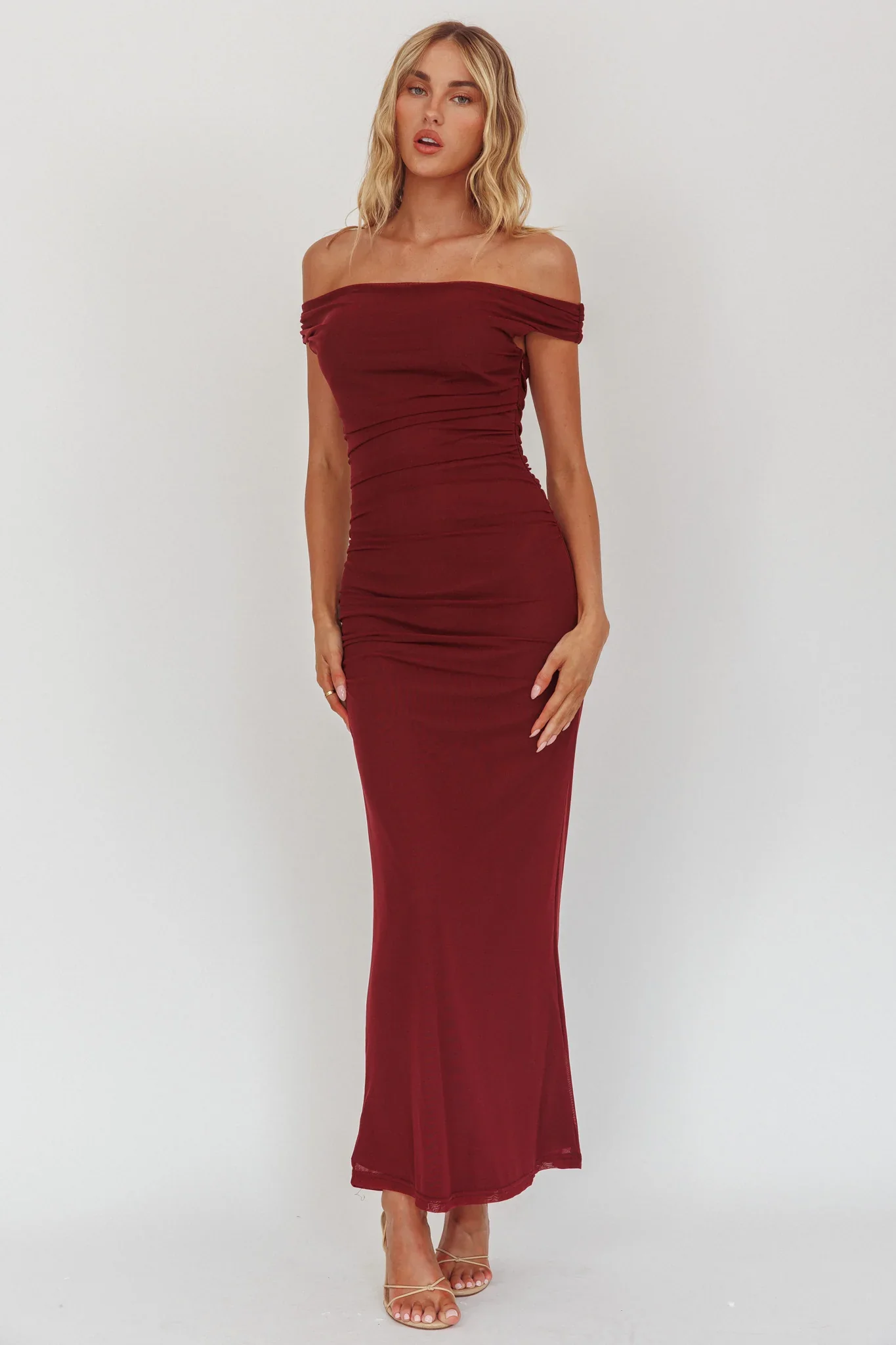 In Blooms Off Shoulder Mesh Midi Dress Wine
