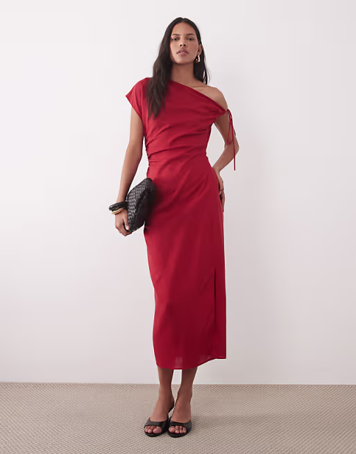 Mango linen mix asymmetric maxi dress in red