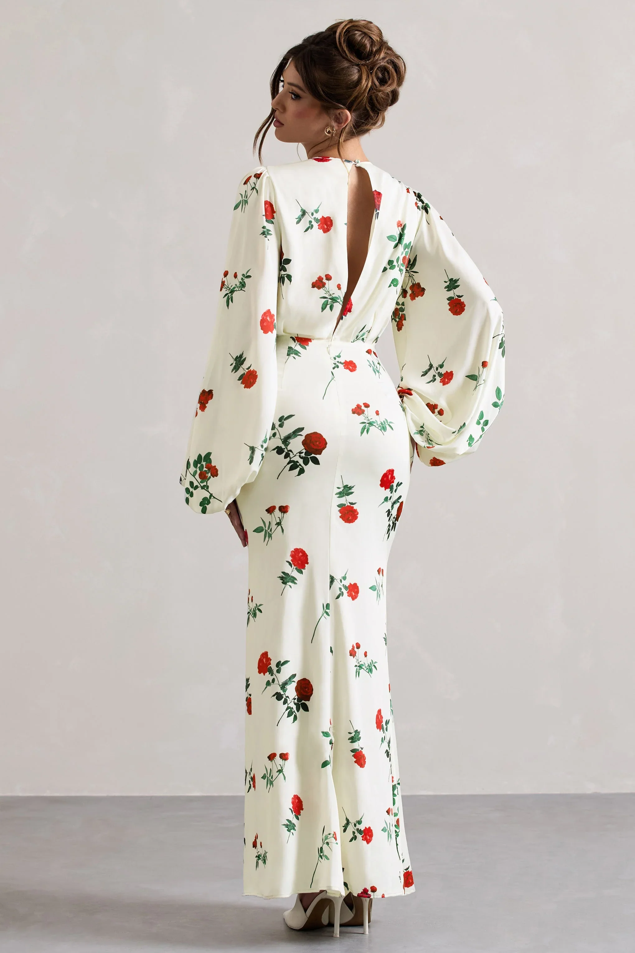 Wild Rose | Rose Print Satin Puff-Sleeve Cut-Out Maxi Dress