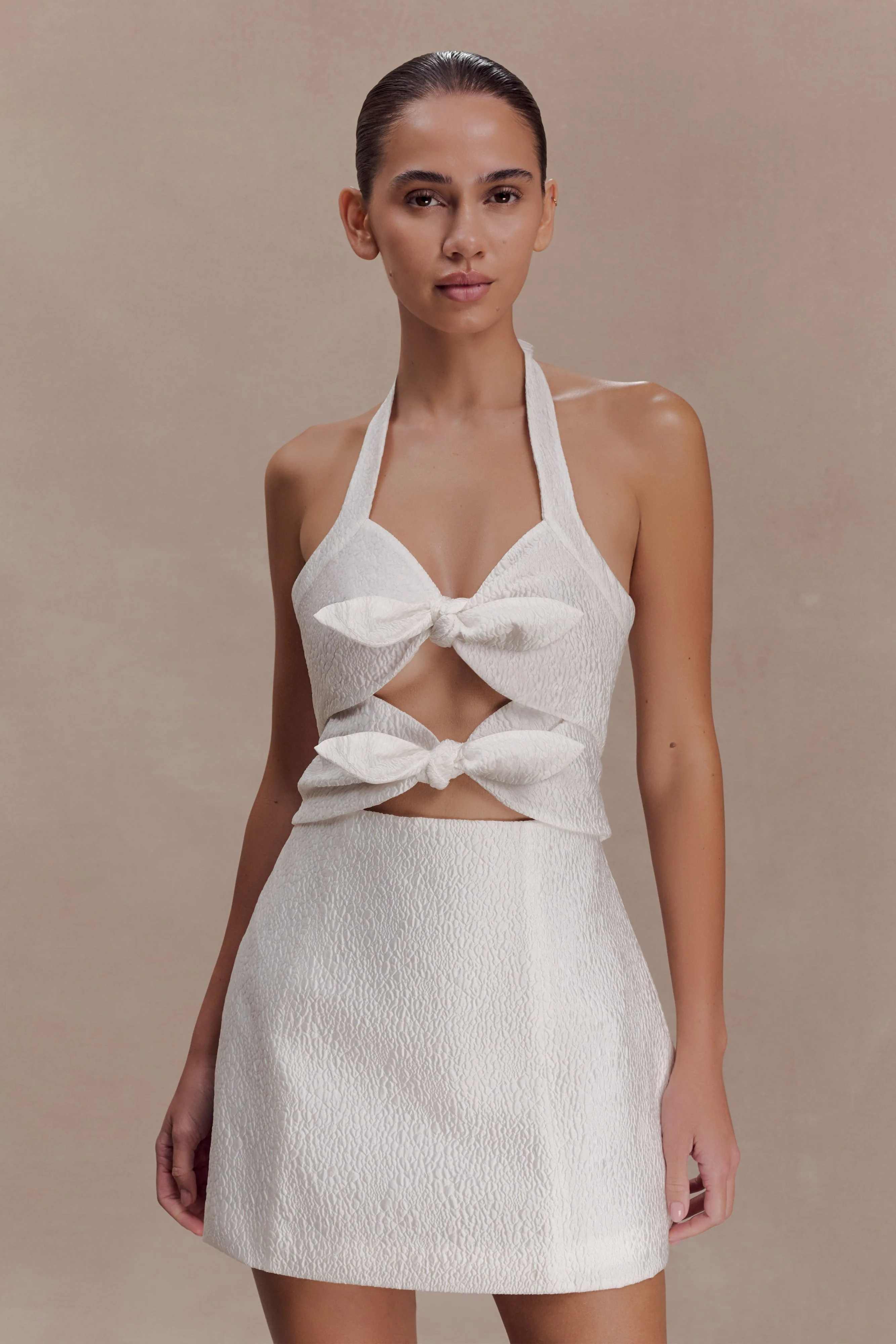 Ella Bow Detail Halter Mini Dress - White