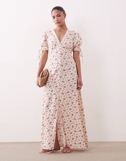 Miss Selfridge Petite button up maxi tea dress in vintage ditsy