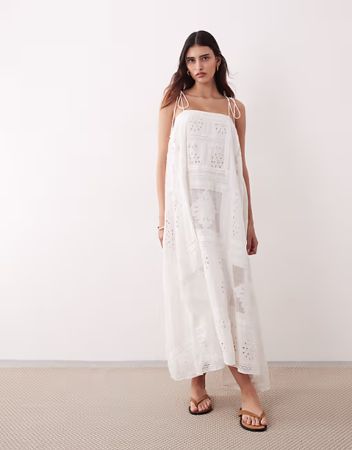 ARRANGE square cut embroidered midi dress in white