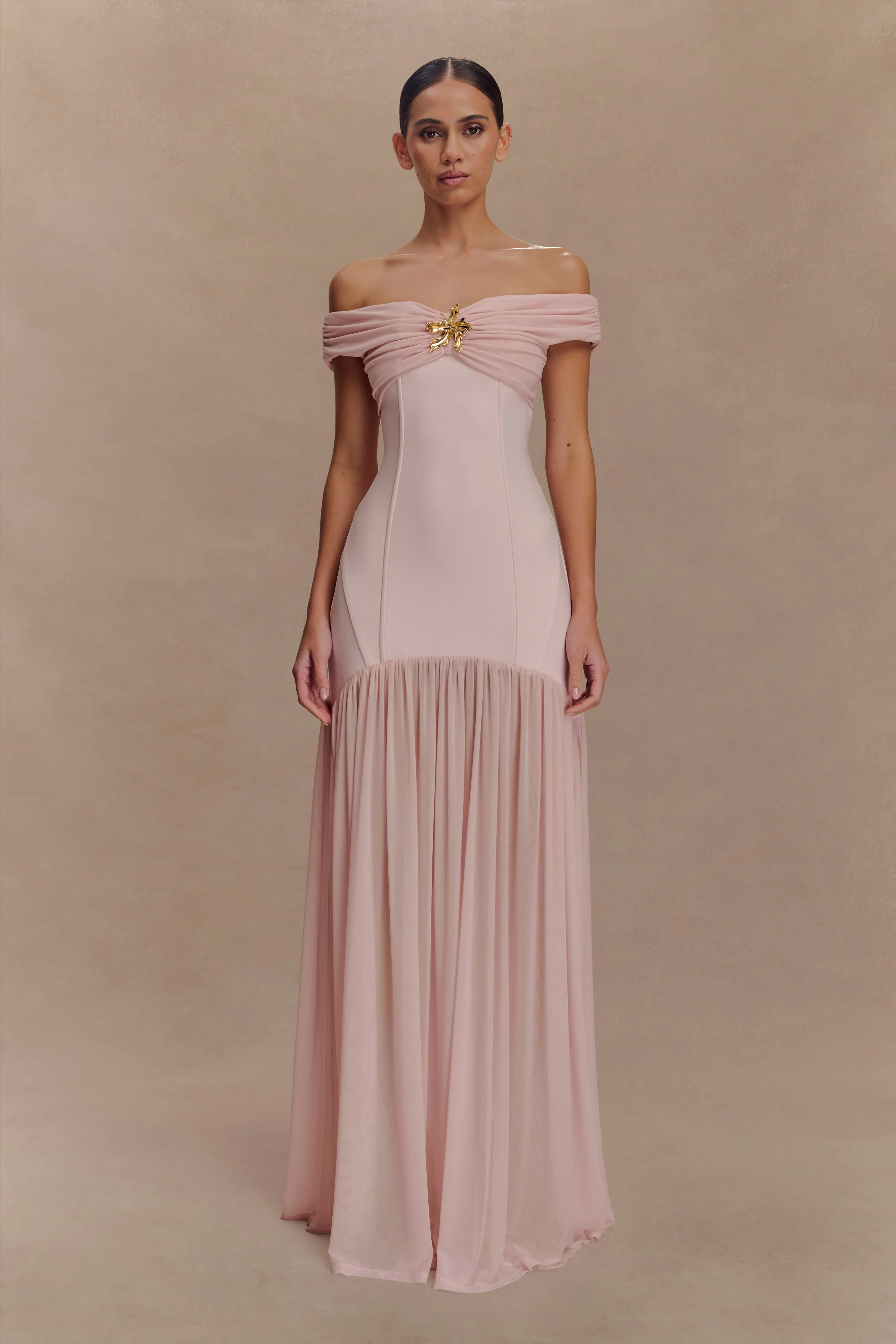 Kellie Off Shoulder Crepe Maxi Dress - Blush Pink
