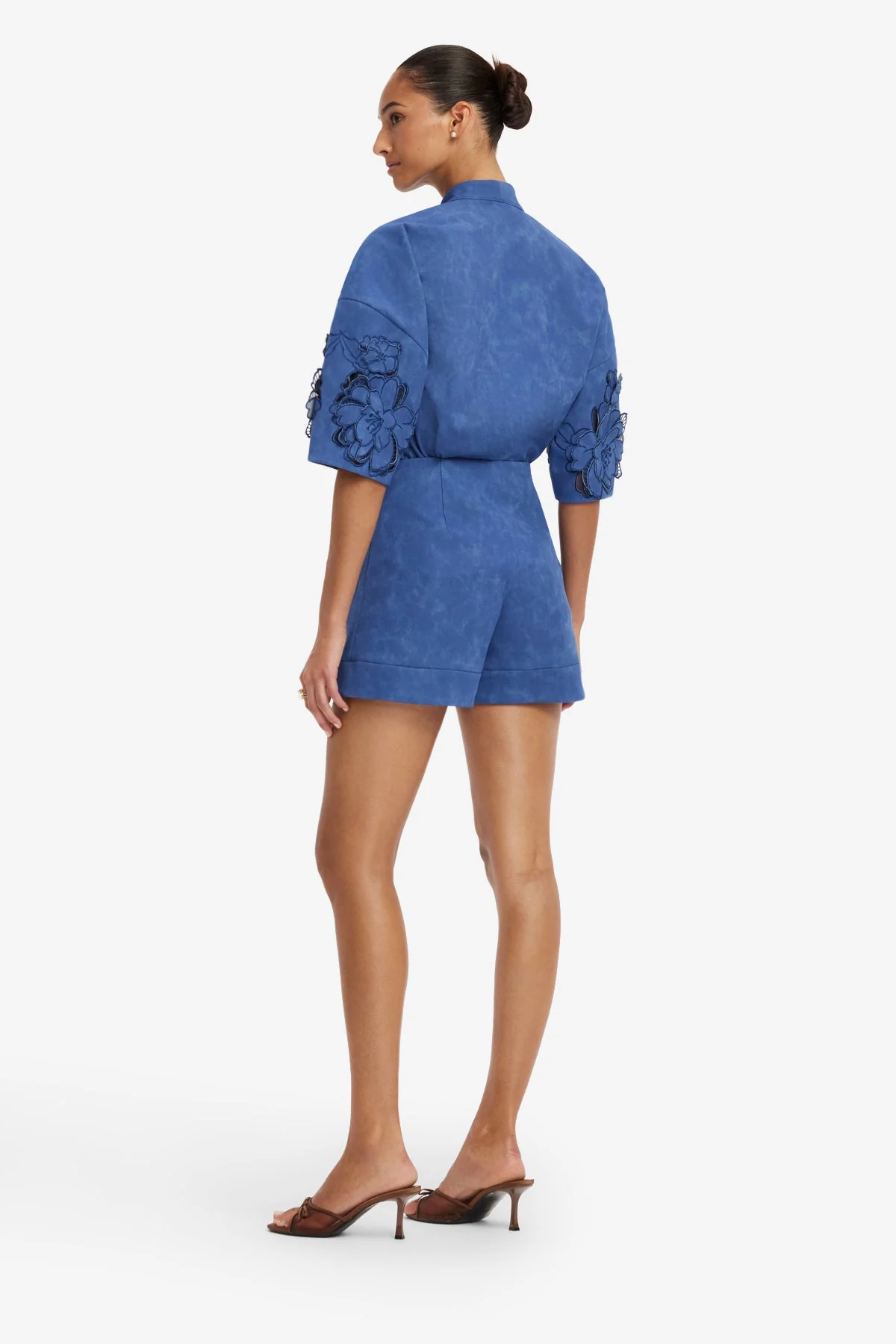 Brooklyn Appliqué Vegan Suede Bow Puff Sleeve Top - Azure