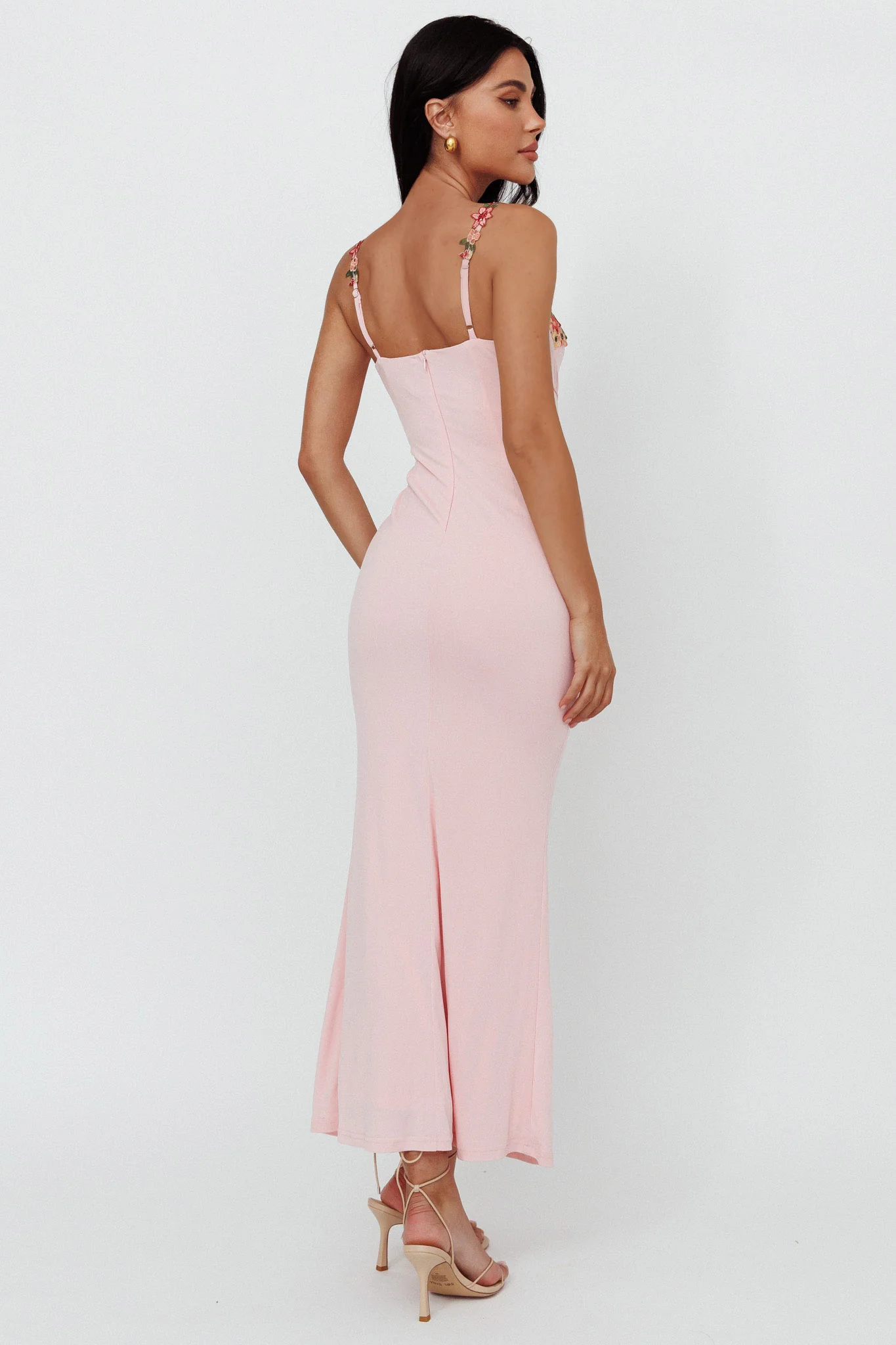 Rose Garden Floral Applique Laced Midi Dress Baby Pink
