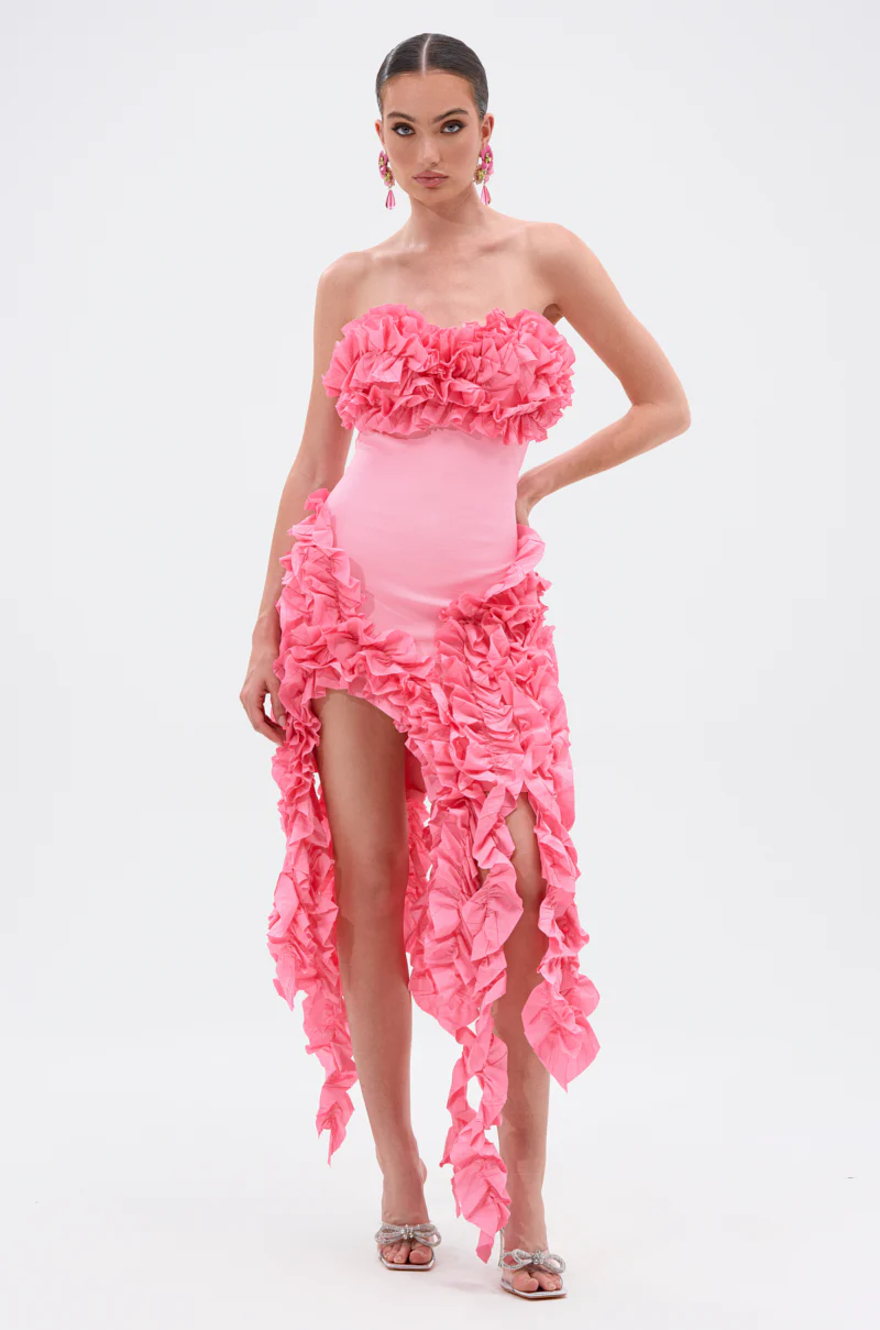 City Lights Ruffle Midi Dress In Light Pink