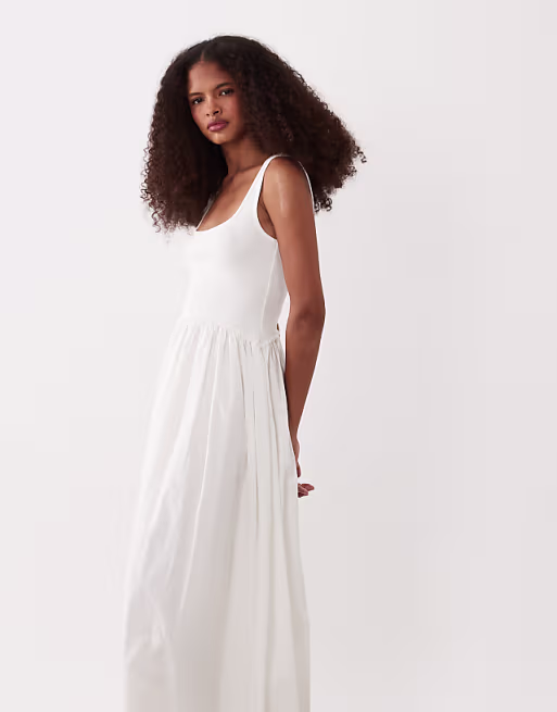 scoop neck midi dress with ribbed bodice and poplin skirt in white