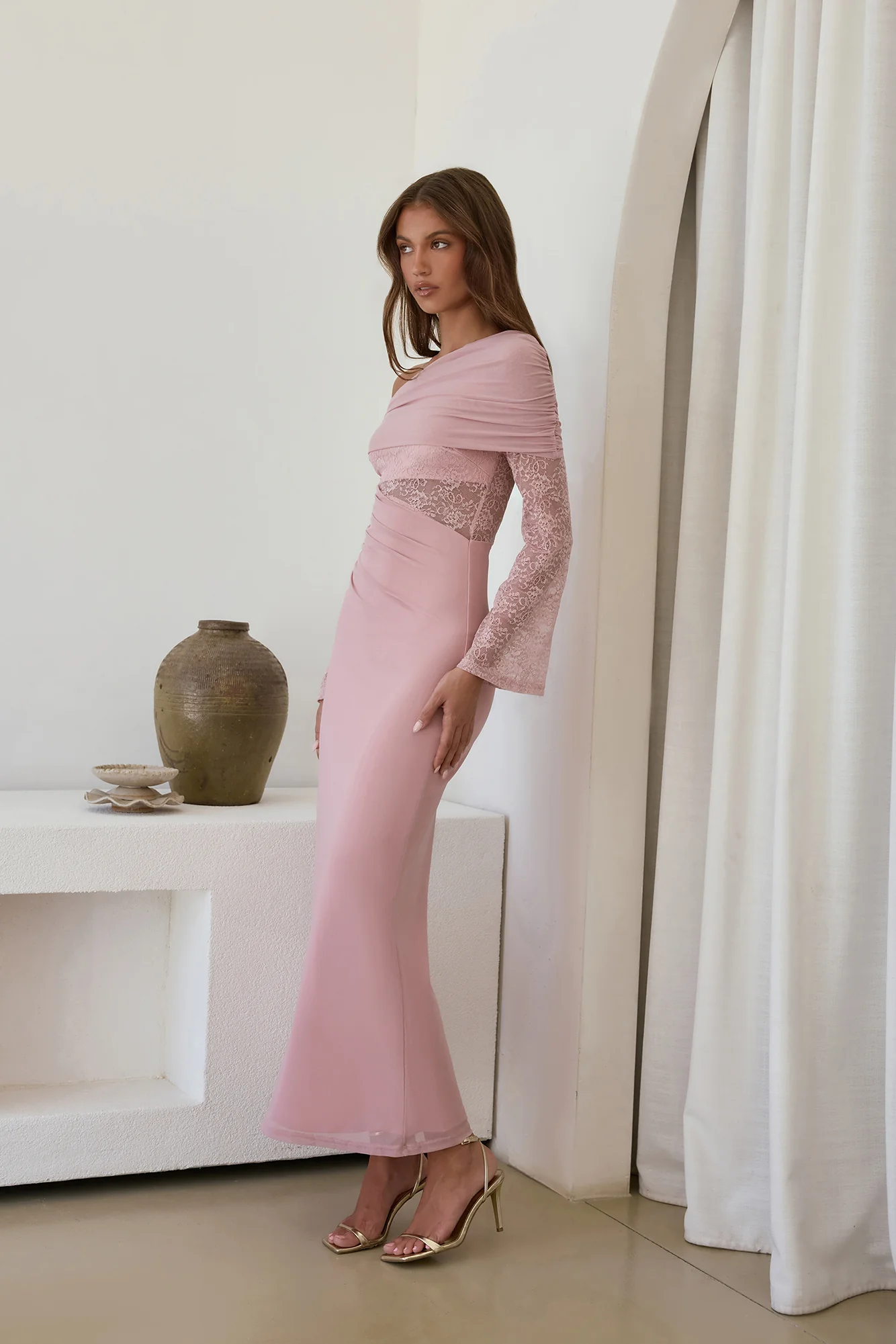 Camille Off Shoulder Mesh Maxi Dress Pink