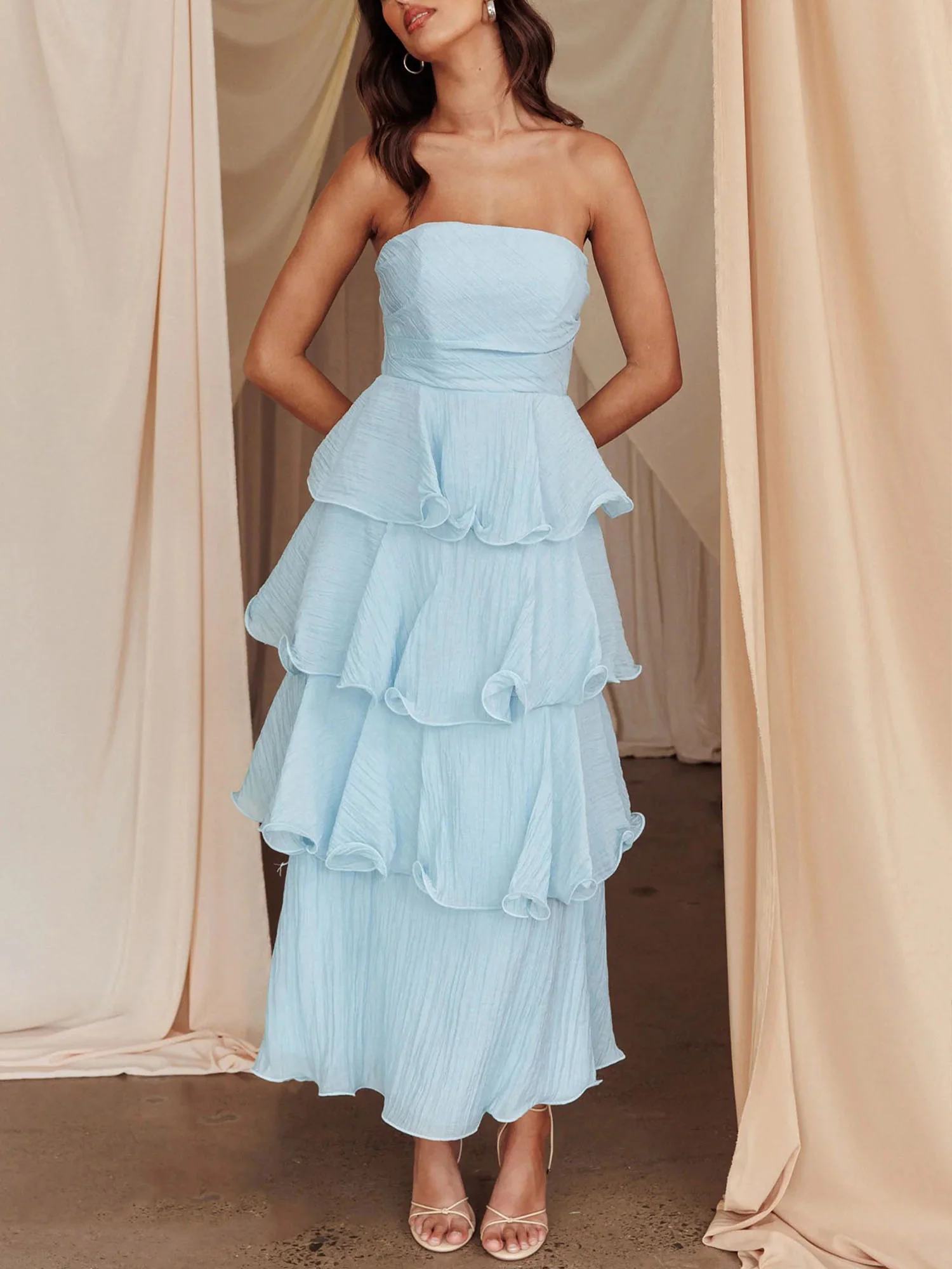 Light Blue Strapless Tiered Midi Dress