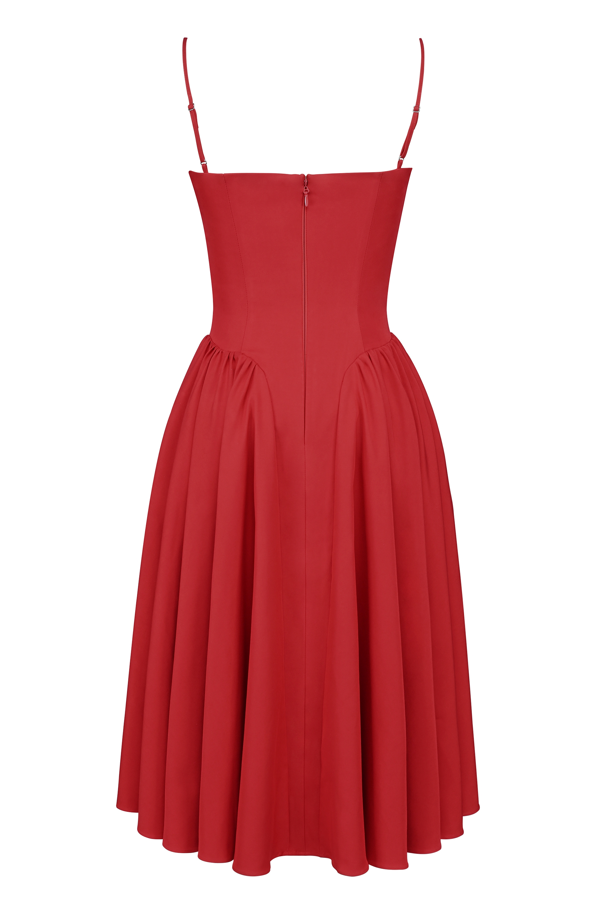 red gathered midi dress