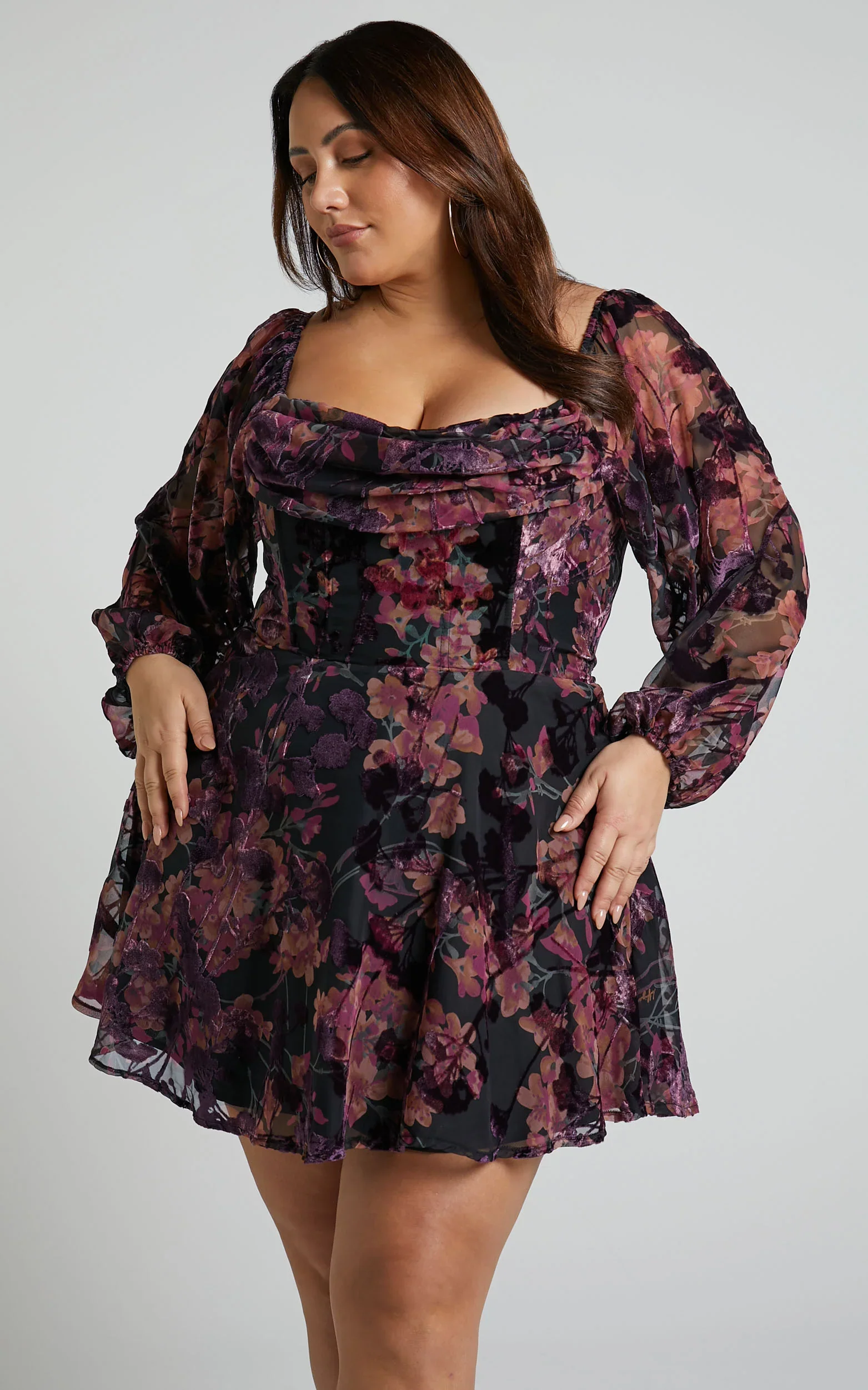 Jessell Mini Dress - Long Sleeve Cowl Corset Dress in Burnt Out Floral