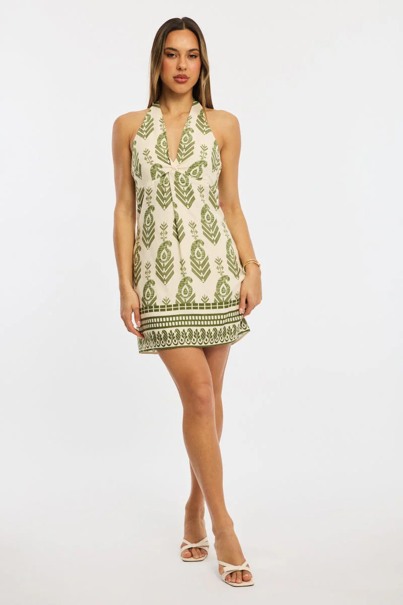 Green Abstract Halter Neck Dress Mini