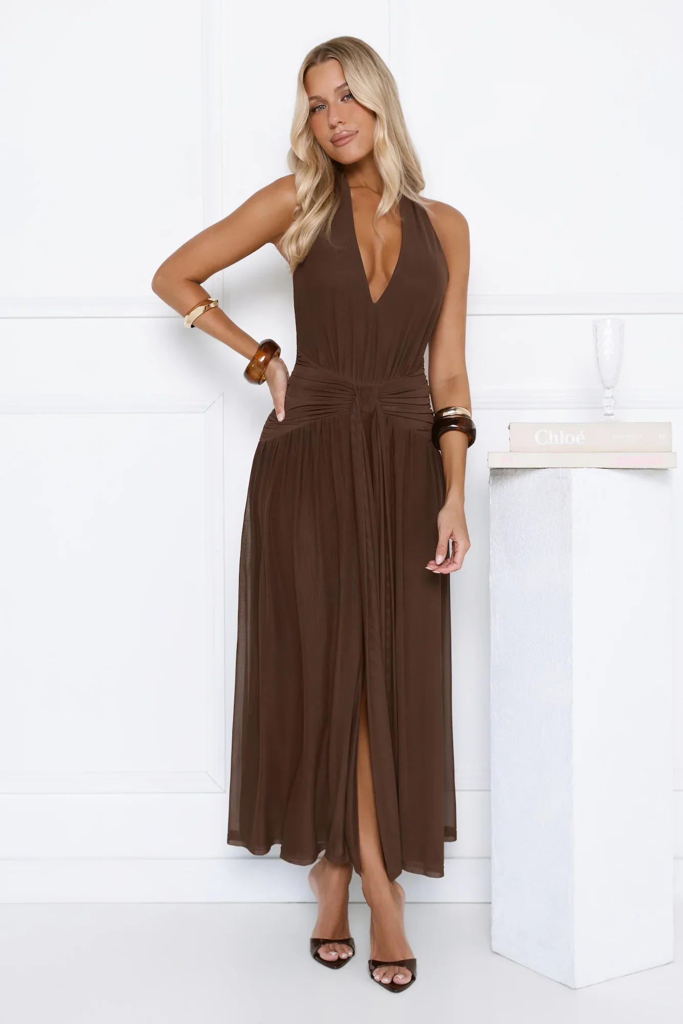 Whispered Promises Halter Mesh Maxi Dress Brown