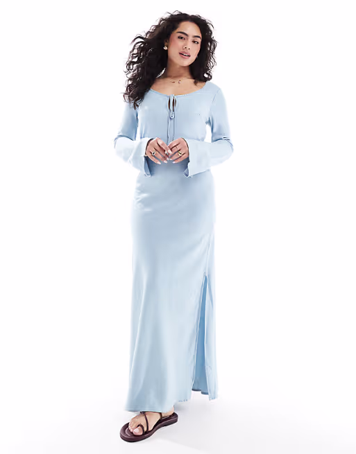 soft denim maxi dress with tie front in light blue