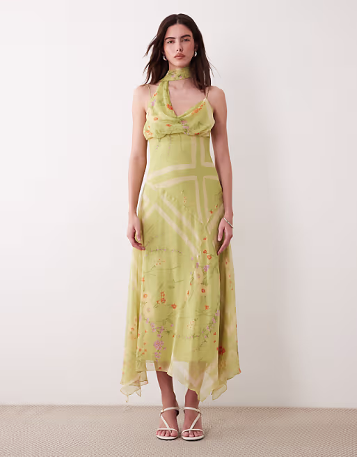 maxi slip dress with scarf detail in green floral print