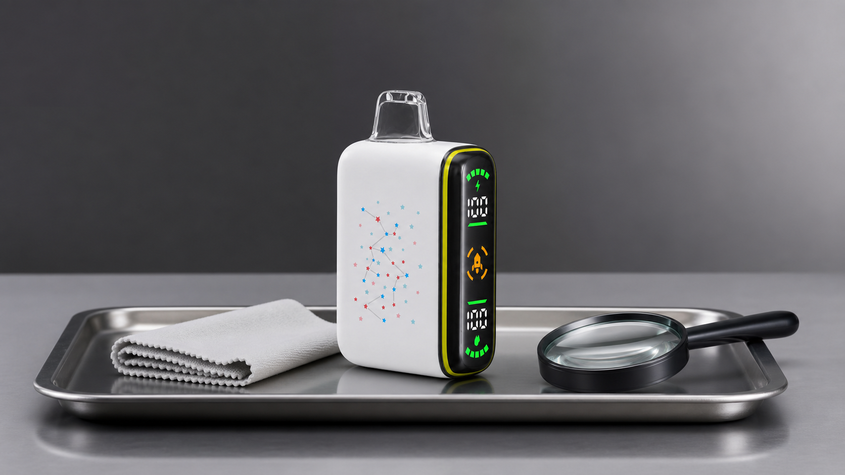 ExDivo vape standing upright on a dry inspection tray with a lint-free cloth and magnifying glass