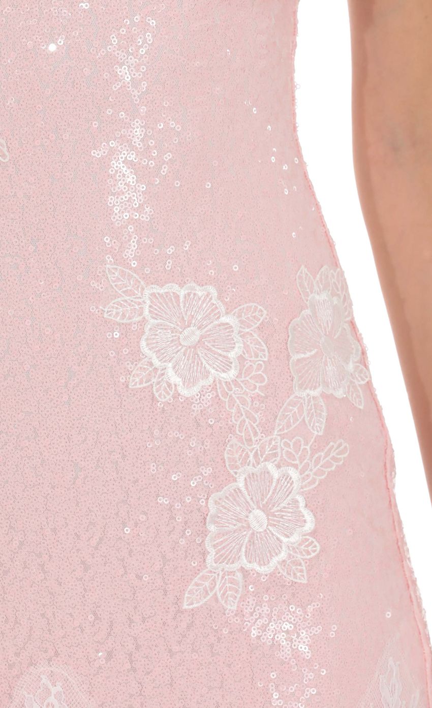 Lace Sequin Plunge Mini Dress in Pink