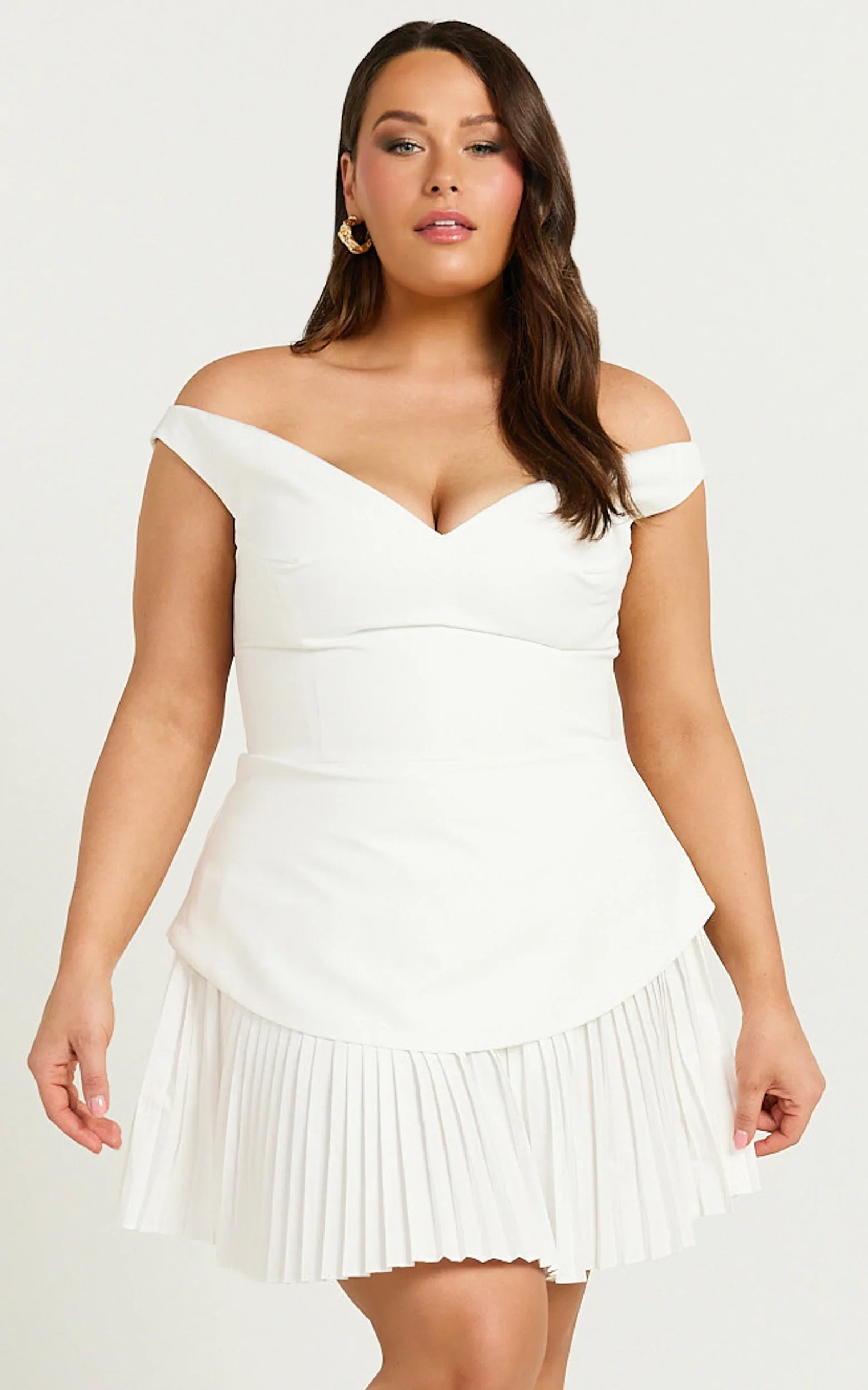 Izara Mini Dress - Off Shoulder Pleated Dress in Off White