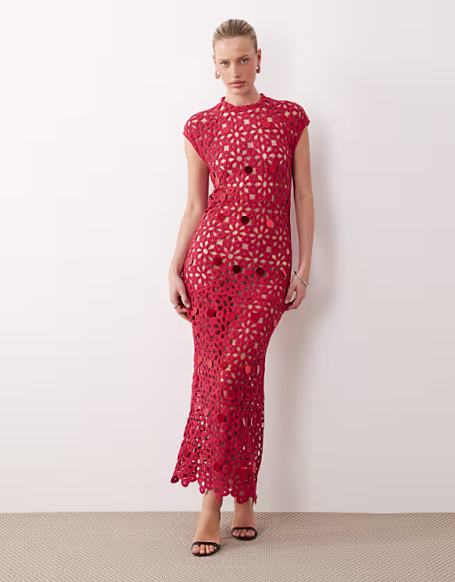 crochet open back maxi dress with sequins in red