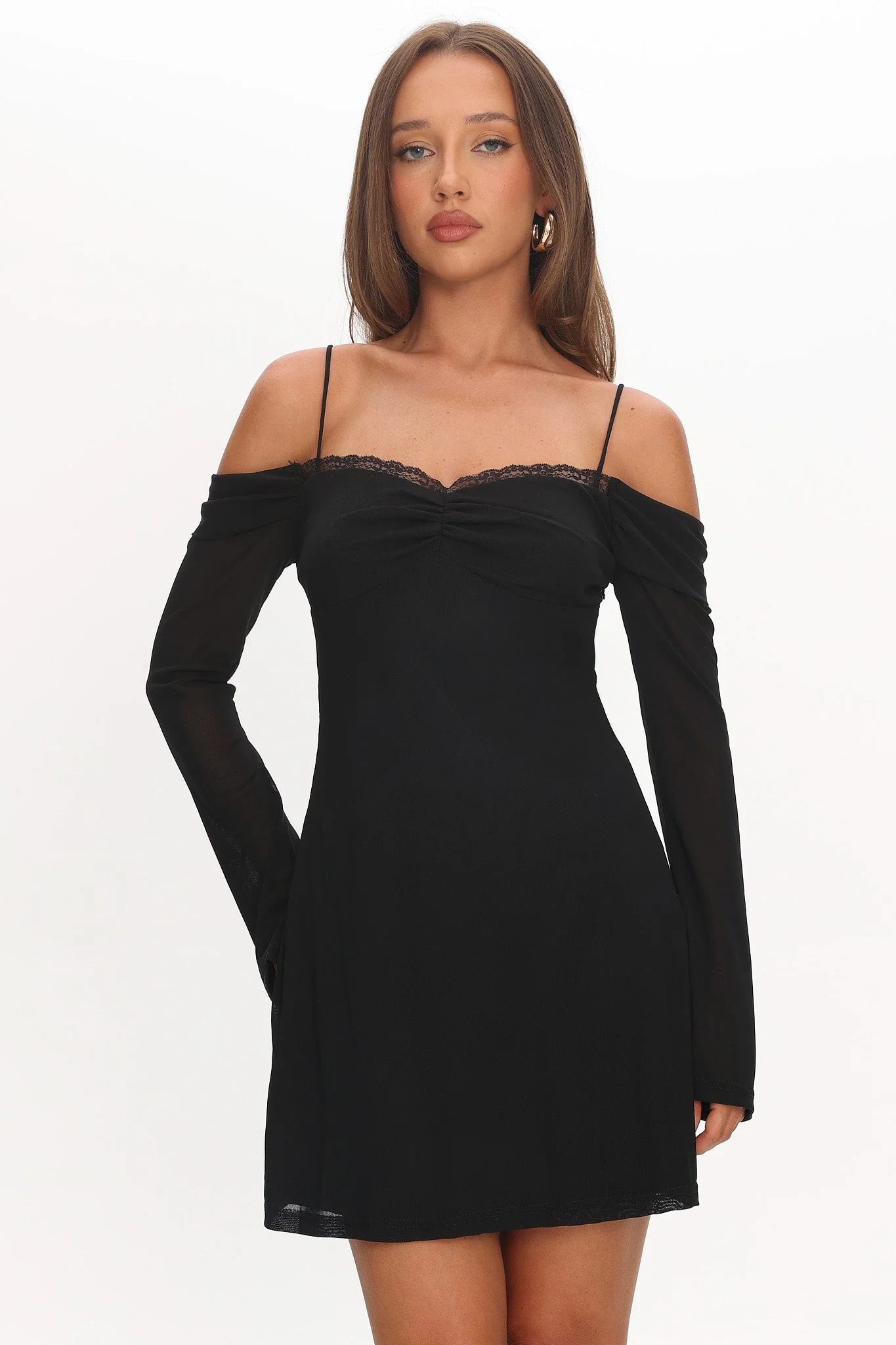French Girl Long Sleeve Mini Dress Black - elegeleges