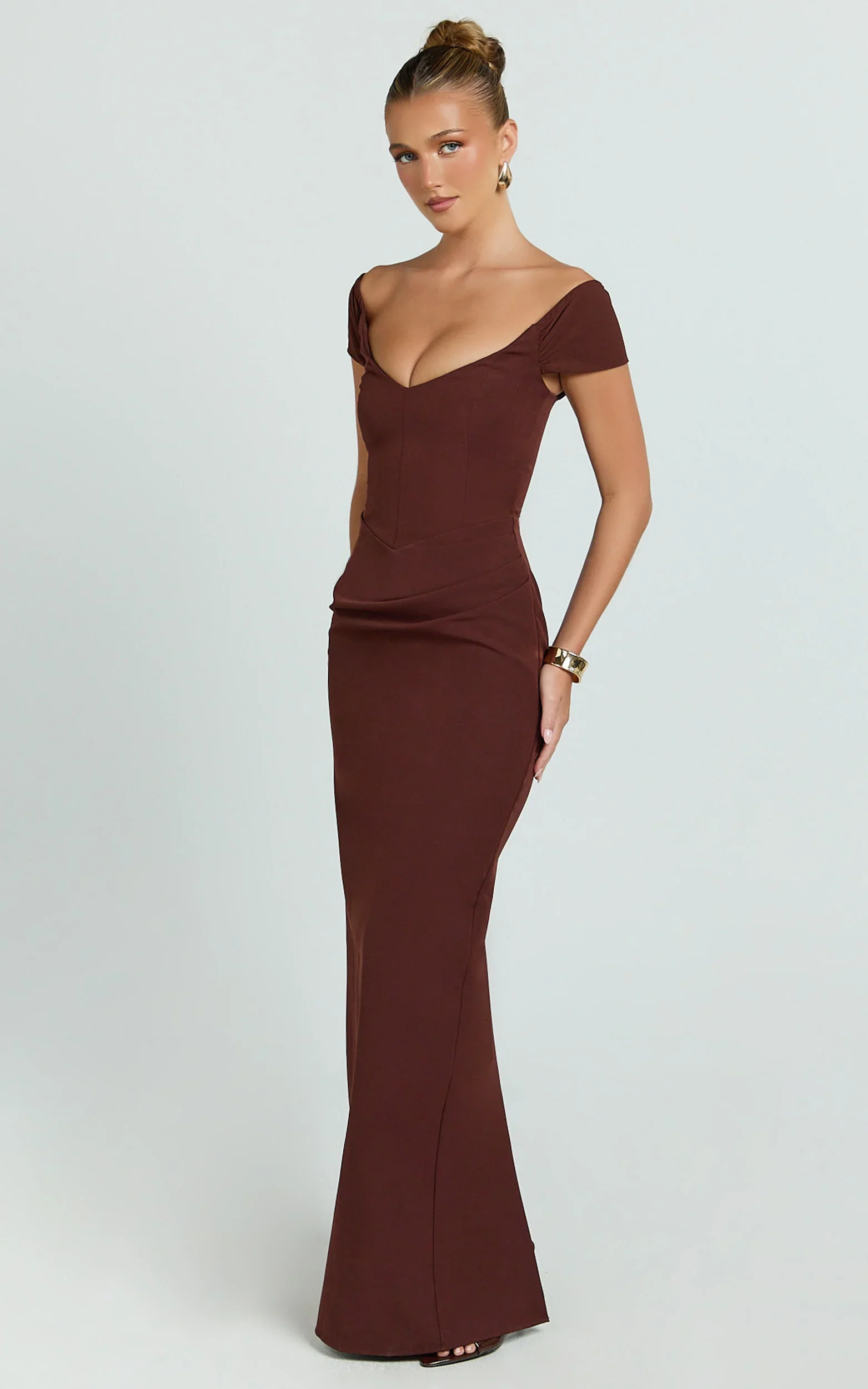 Veronika Maxi Dress - Off Shoulder Plunge High Split Dress in Chocolate