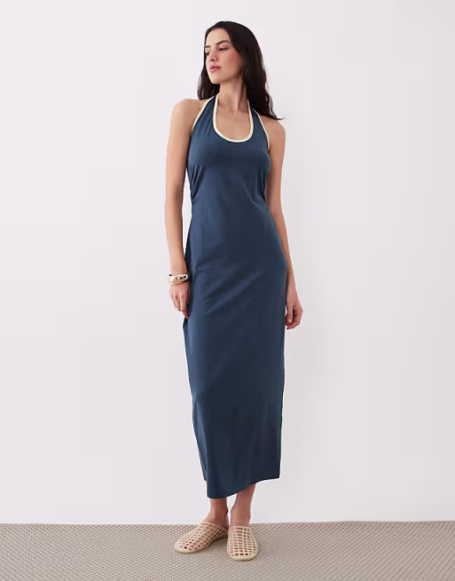 halter midi dress with buttermilk contrast trim in navy