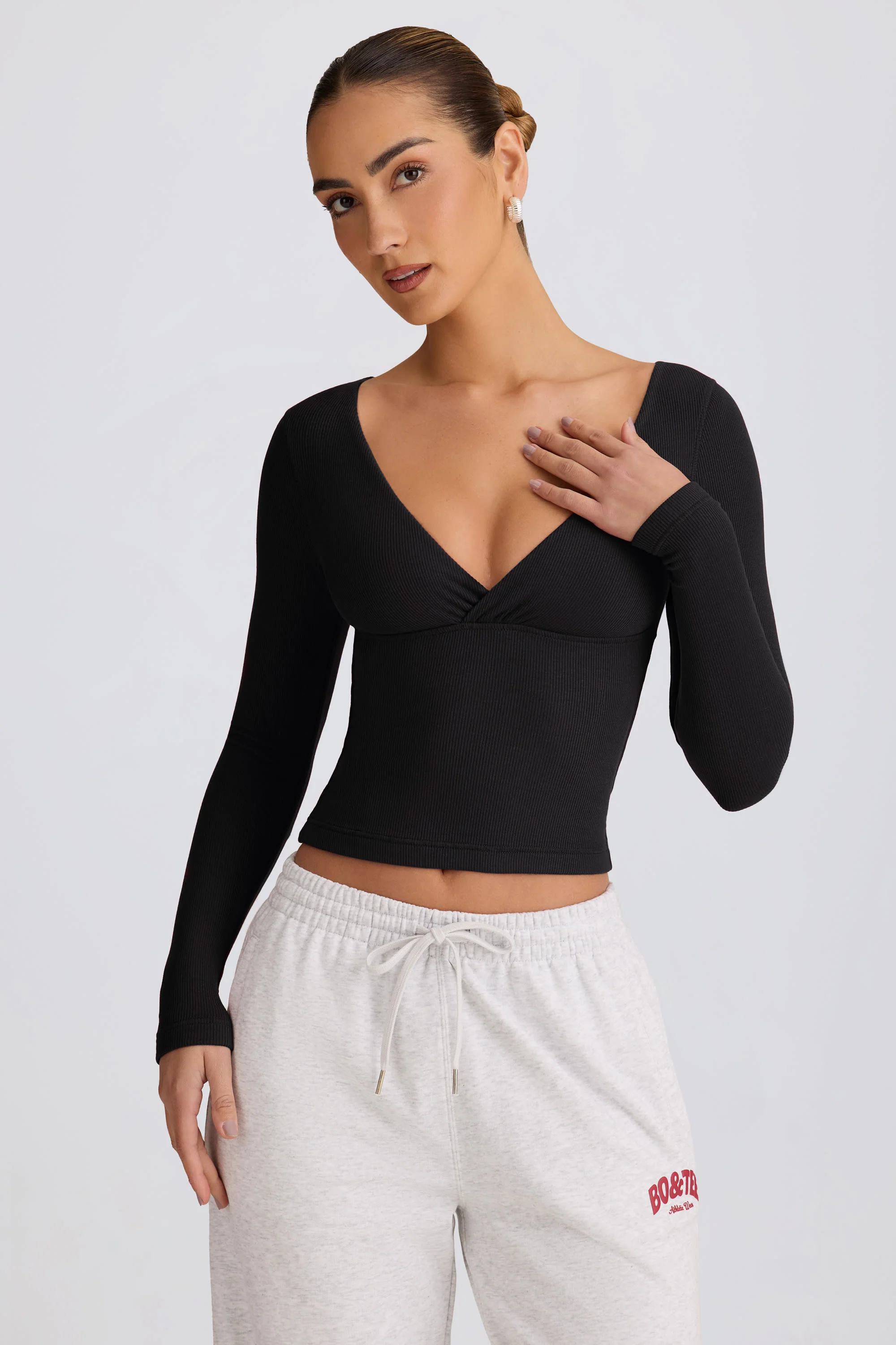 Ribbed Modal Ruched V-Neck Top in Black