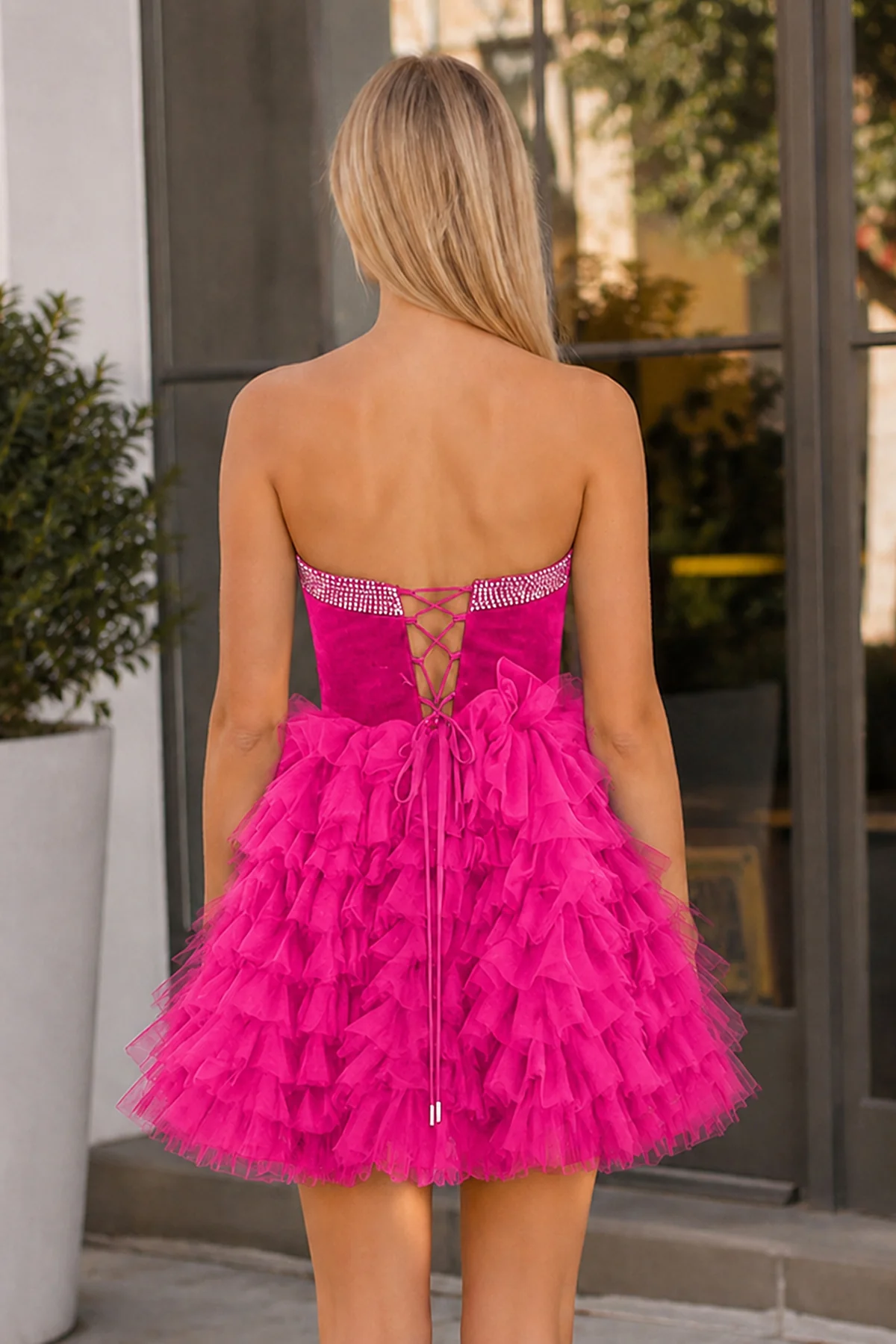 Black Strapless A Line Tiered Tulle Homecoming Dress With Bow