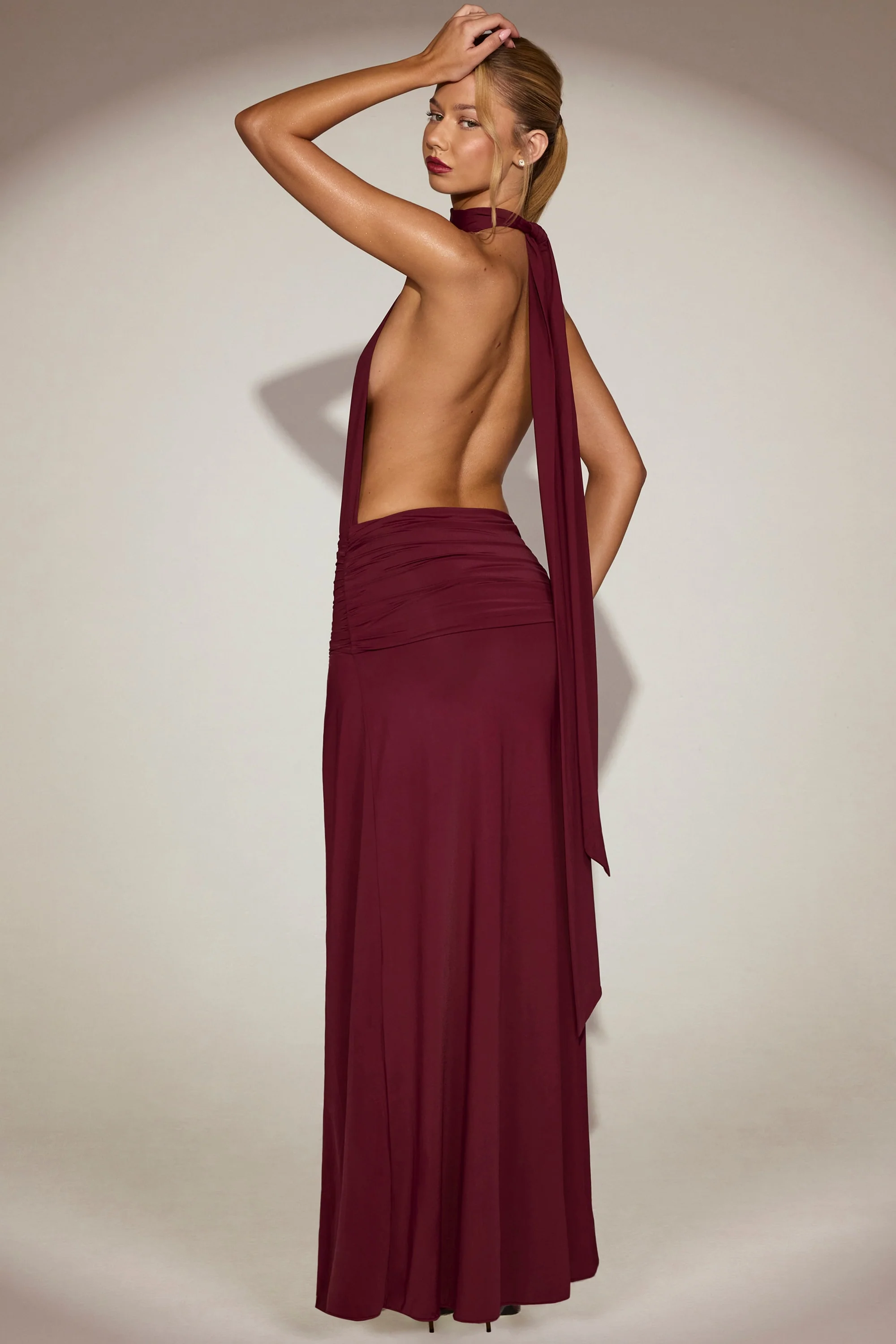 Draped Tie-Neck Maxi Dress in Wine Red