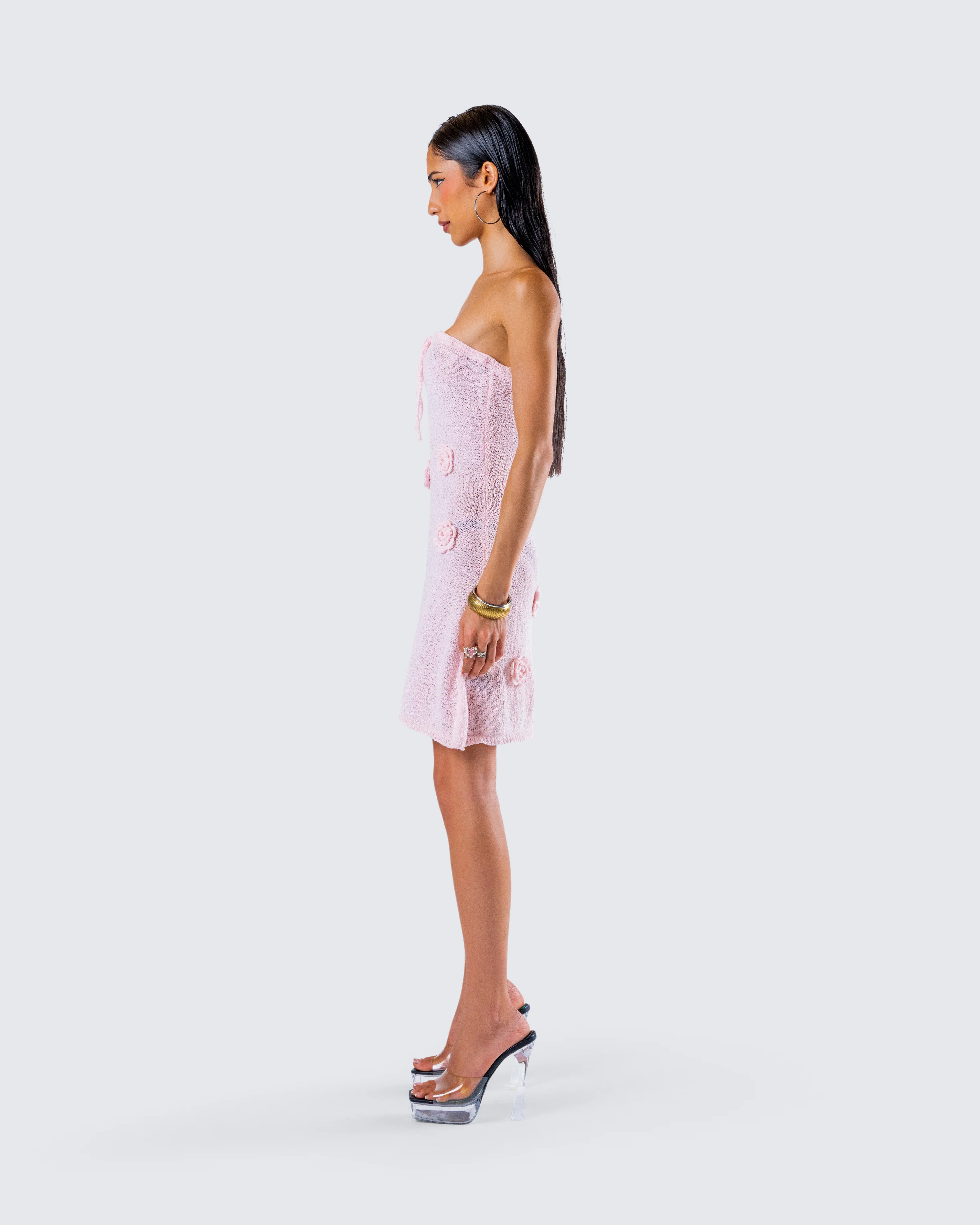 Leilani Pink Crochet Flower Mini Dress