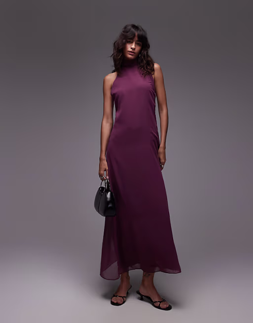 chiffon high halter neck maxi dress in plum