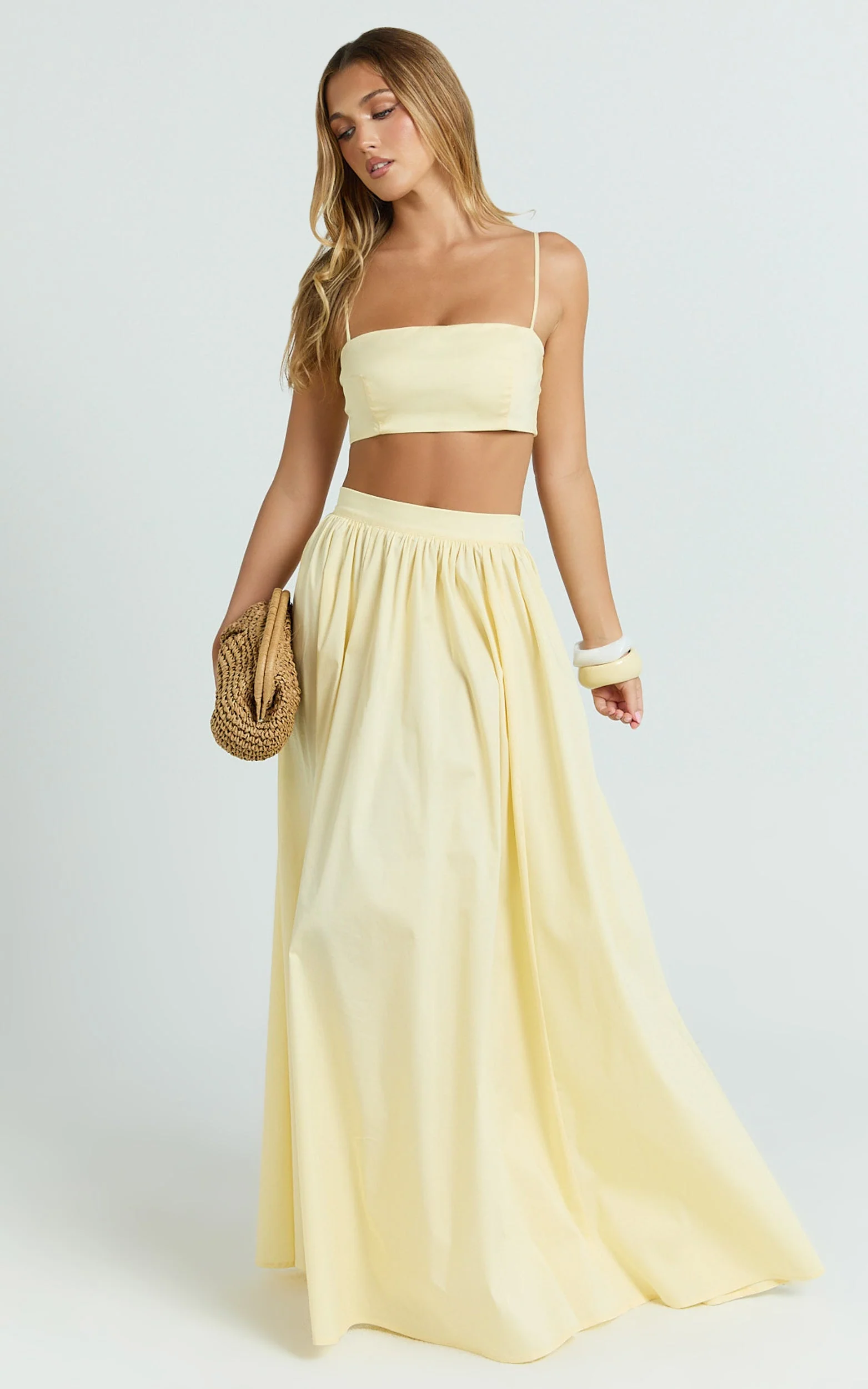 Tegan Two Piece Set - Straight Neck Micro Crop Top and A Line Maxi Skirt Set in Butter Yellow