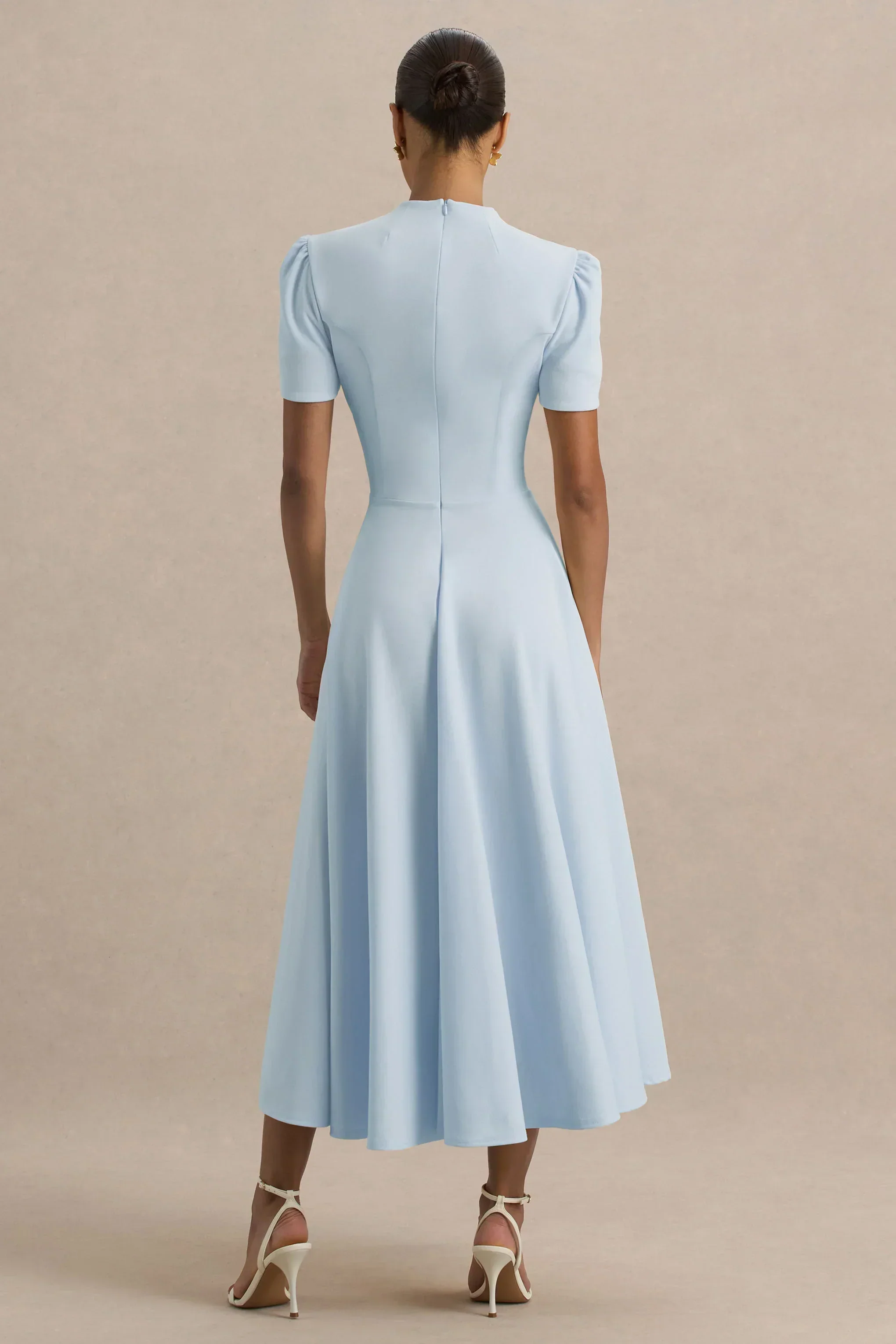 Vicky | Powder Blue High Neck Midi Dress With Puff Sleeves