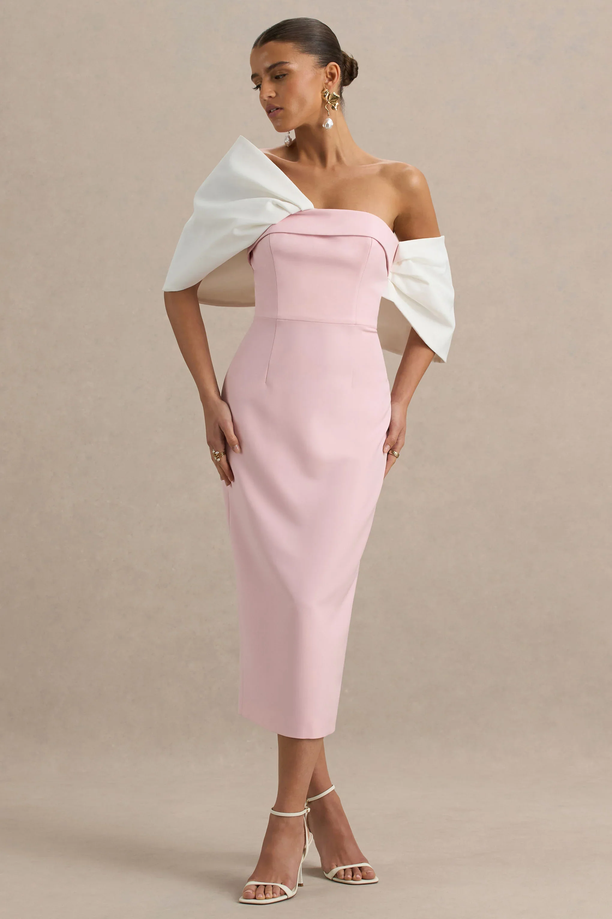 Lucille | Rose Pink & White Asymmetric Bardot Midi Dress