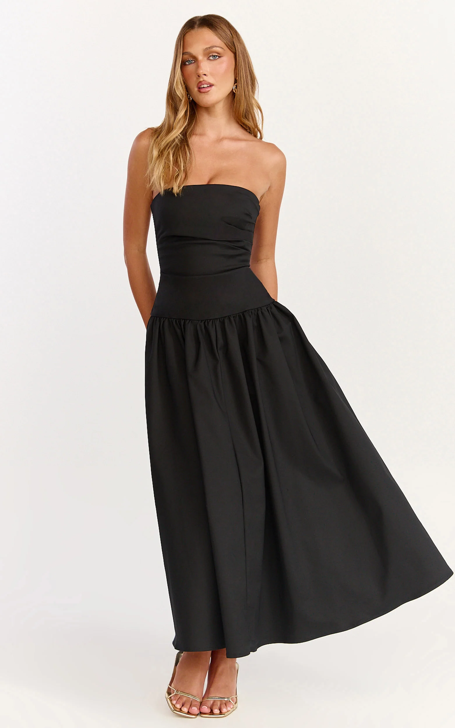 Louisa Maxi Dress - Strapless Side Ruched Dropped Waist Fit And Flare Dress in Black
