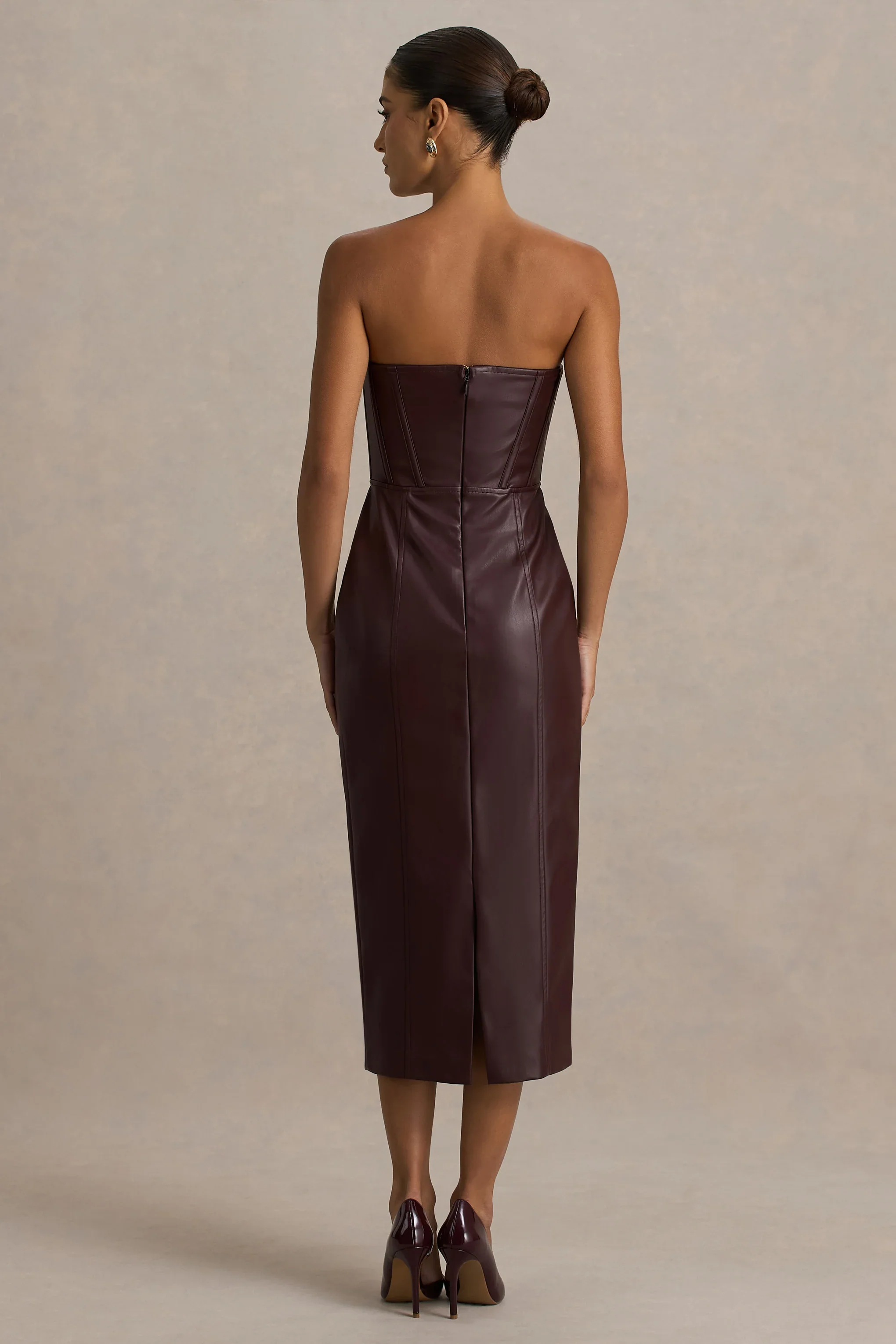 Zola | Burgundy Faux Leather Bandeau Midi Dress