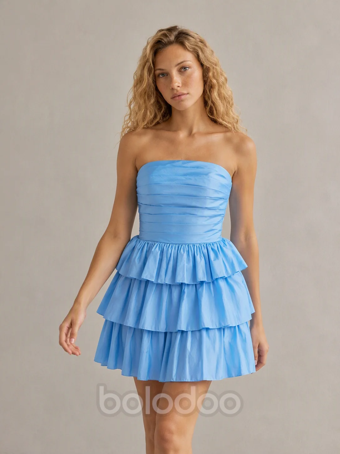 BOLODOO Sky Blue Tiered Strapless Mini Dress