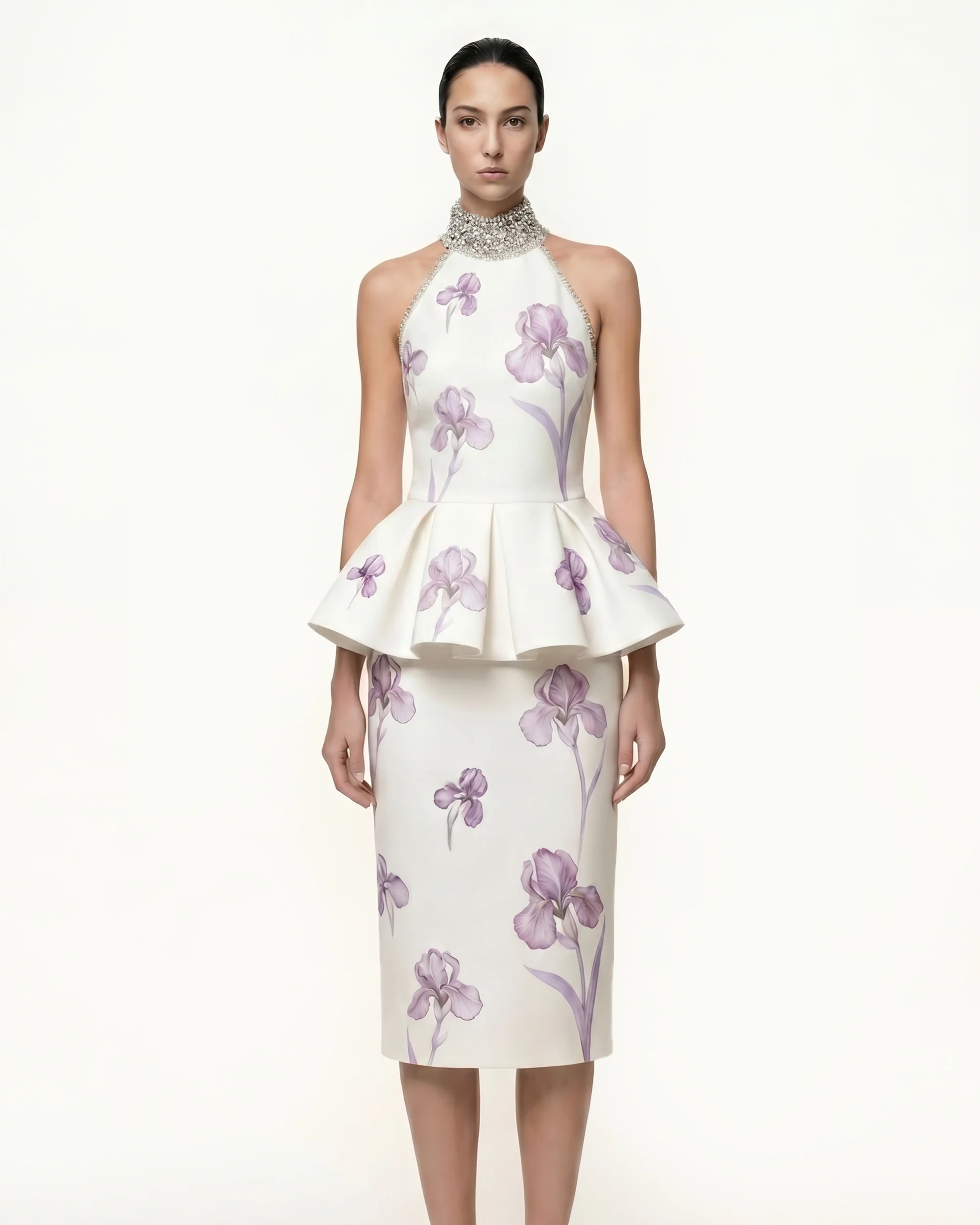 Iris Print High-Waisted Pencil Midi Skirt - White/Purple