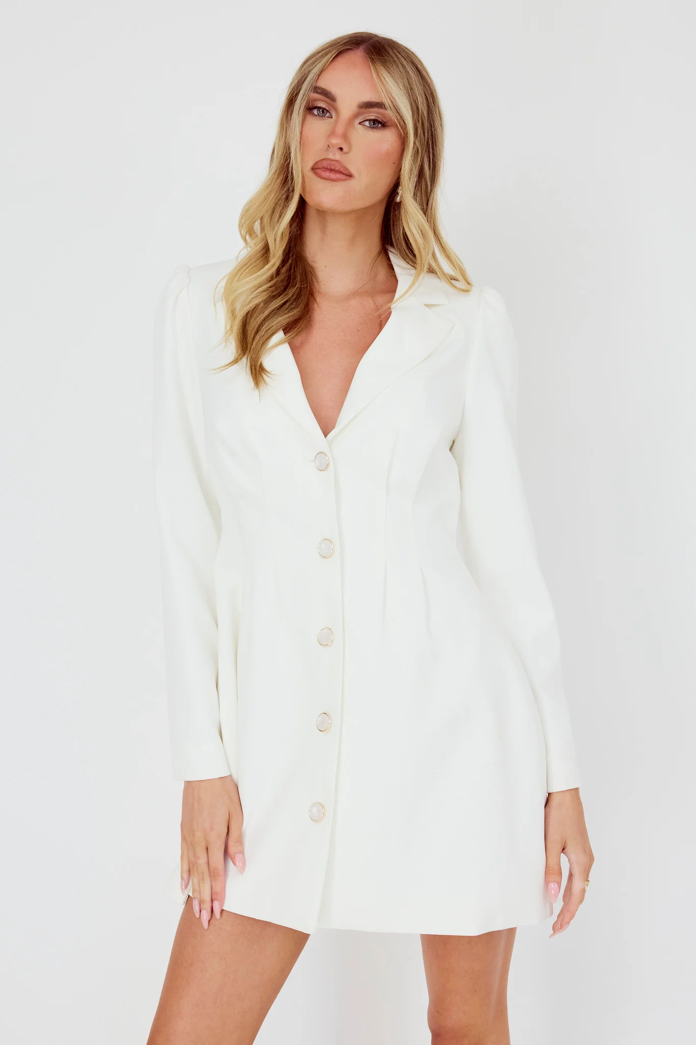 Miracle Button Front Pintuck Mini Dress White