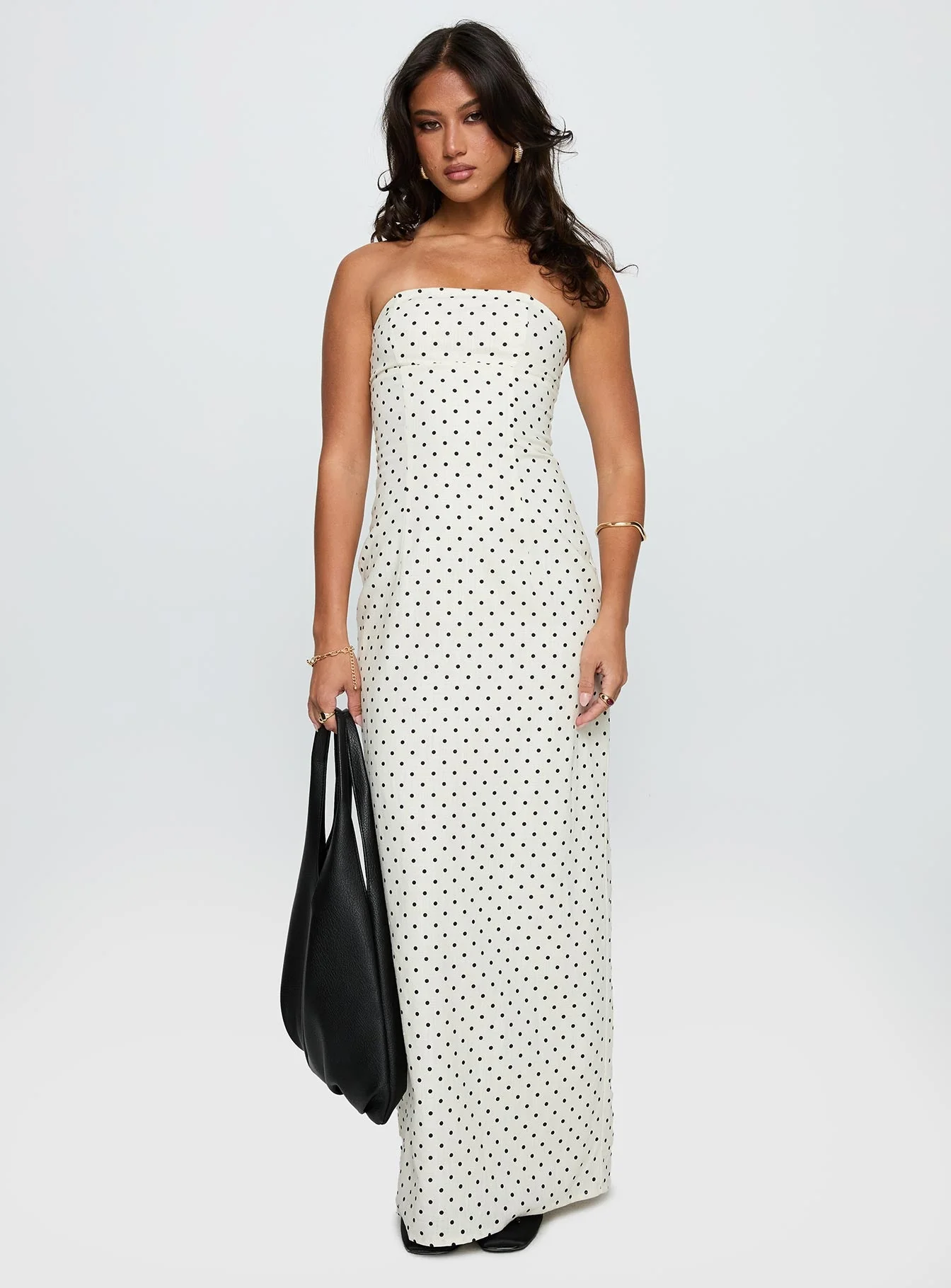Dovie Linen Blend Strapless Midi Dress Cream Polka