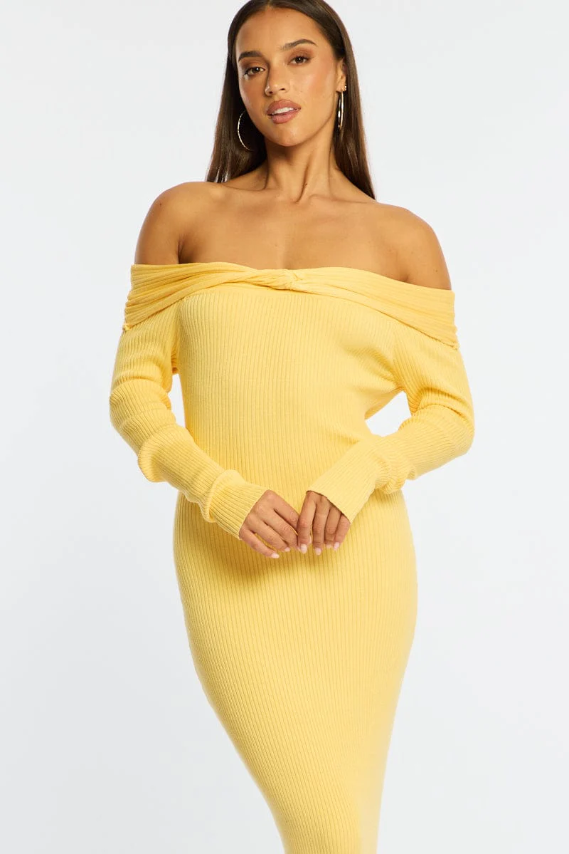 Yellow Knit Dress Long Sleeve Maxi