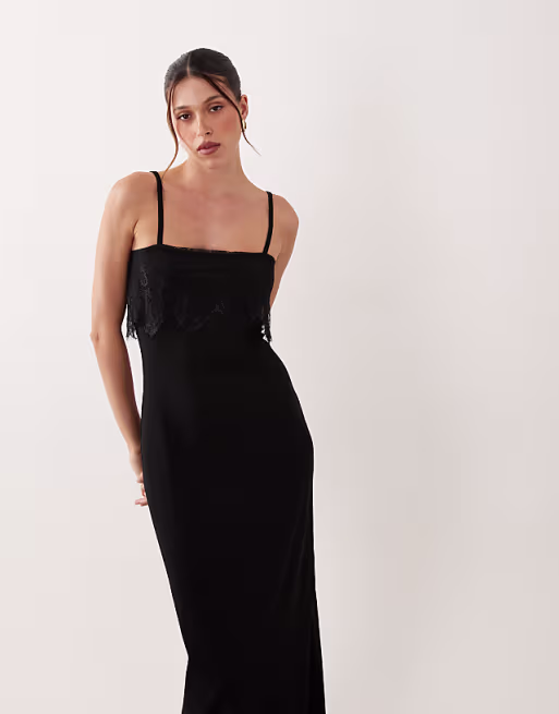 Ellen lace trim cami slip dress in black