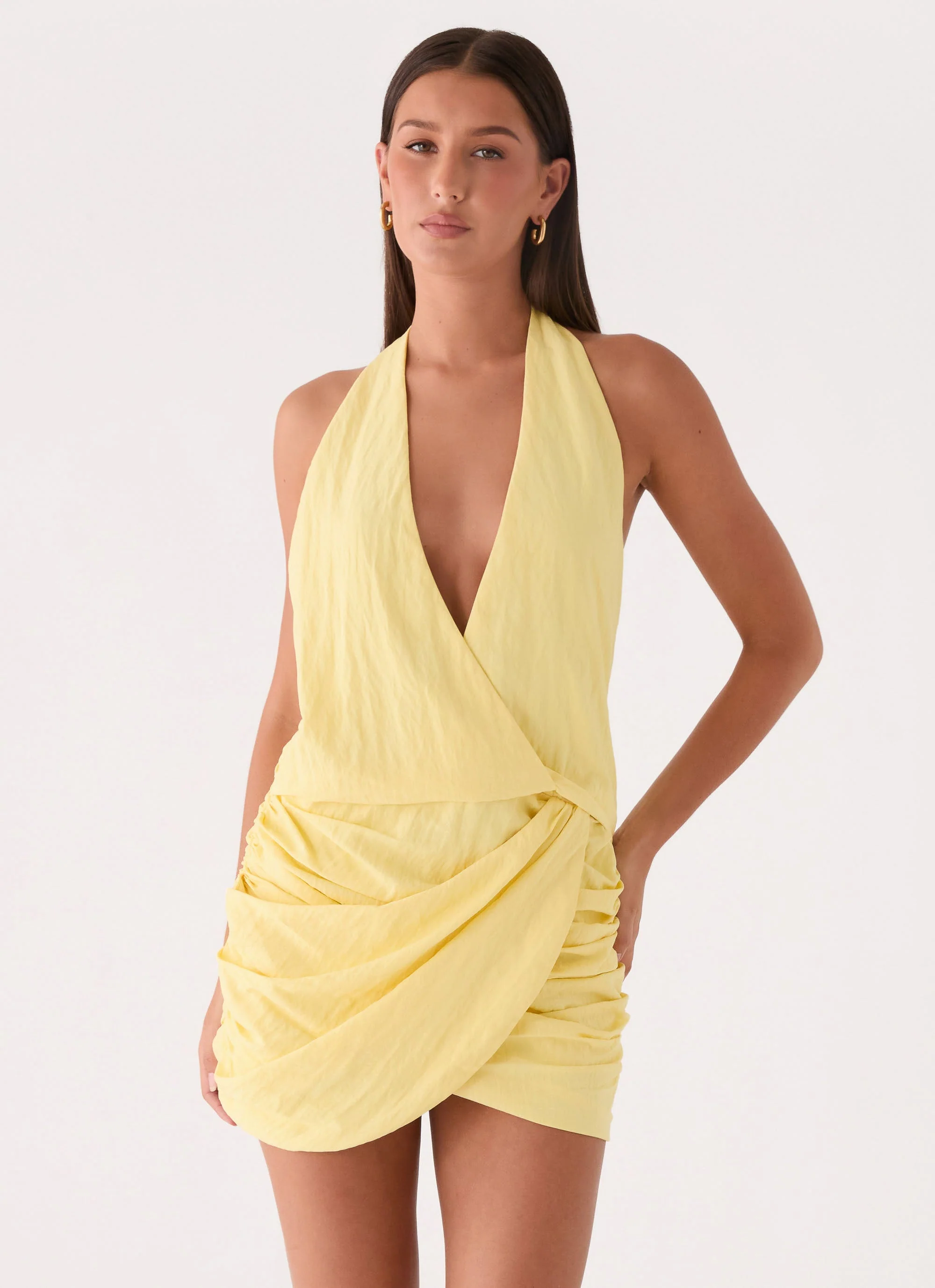 Asla Halter Mini Dress - Bright Lemon - luluinthesky