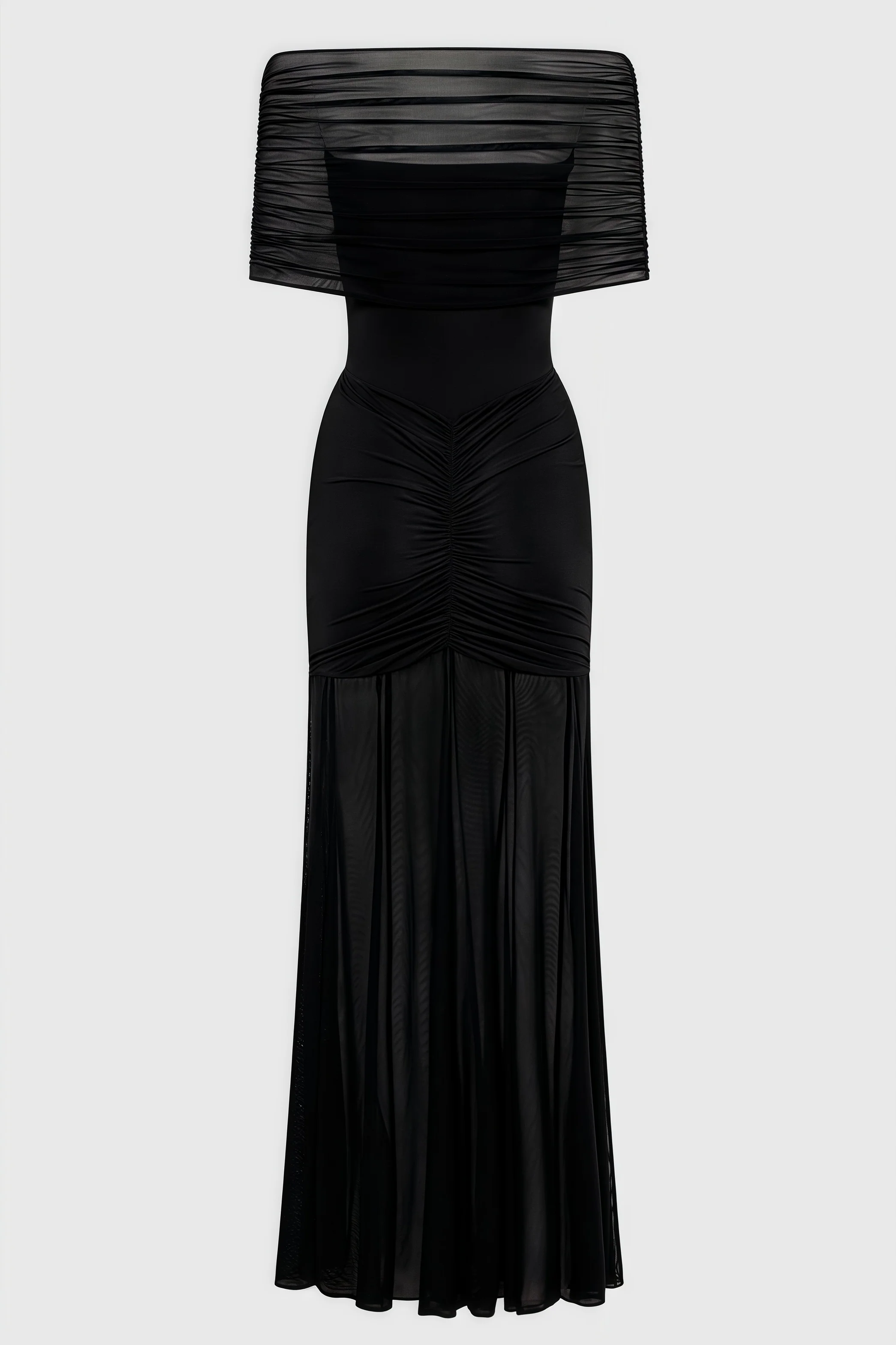 Nivenae Slinky And Mesh Off Shoulder Maxi Dress