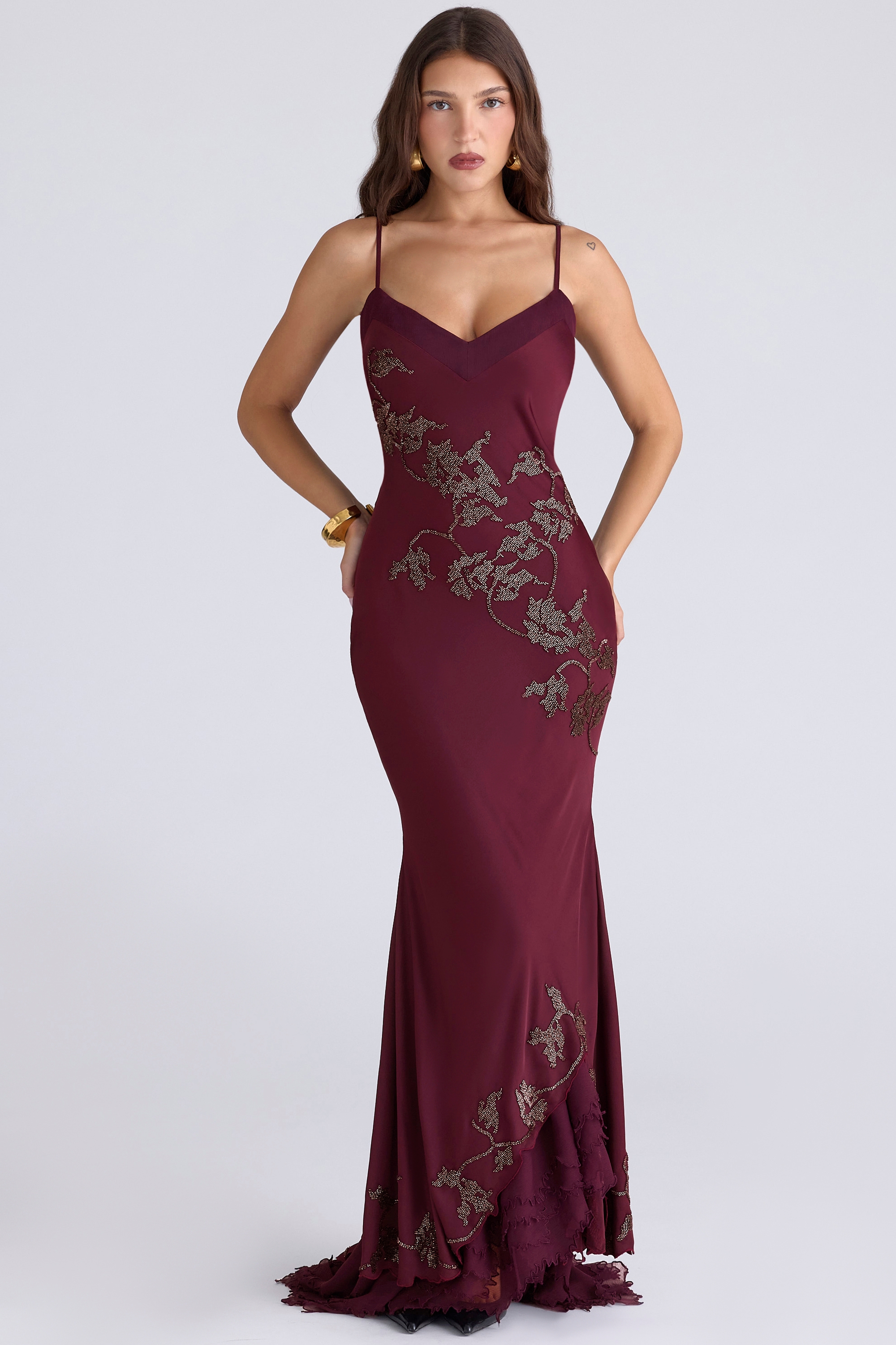 Plum Hand Beaded Embellished Satin Maxi Gown - Limited Edition