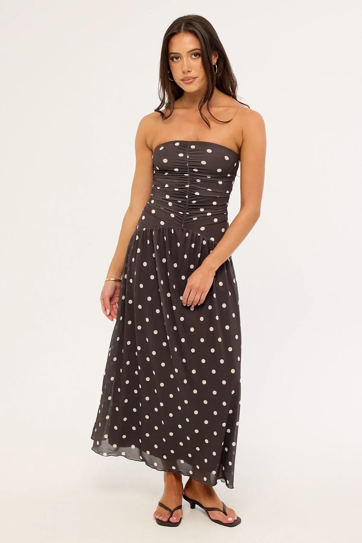 Luck & Trouble Issy Polka Mesh Midi Dress Brown Polka