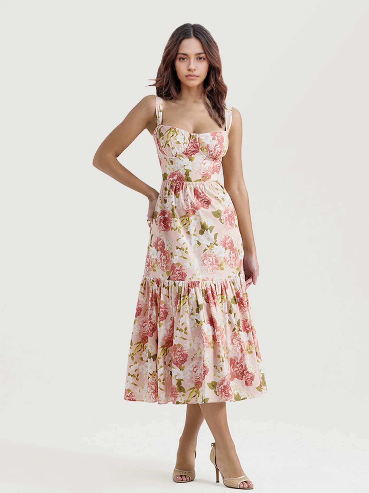 Vibrant Floral Midi Dress with Belt