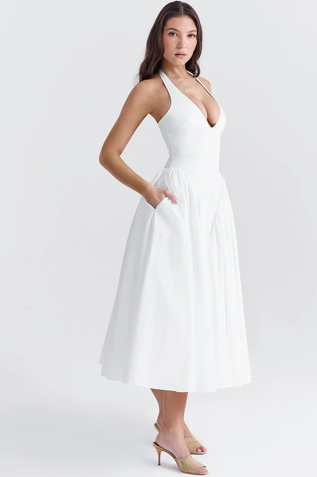 Marilyn White Cotton Halter Midi Sundress
