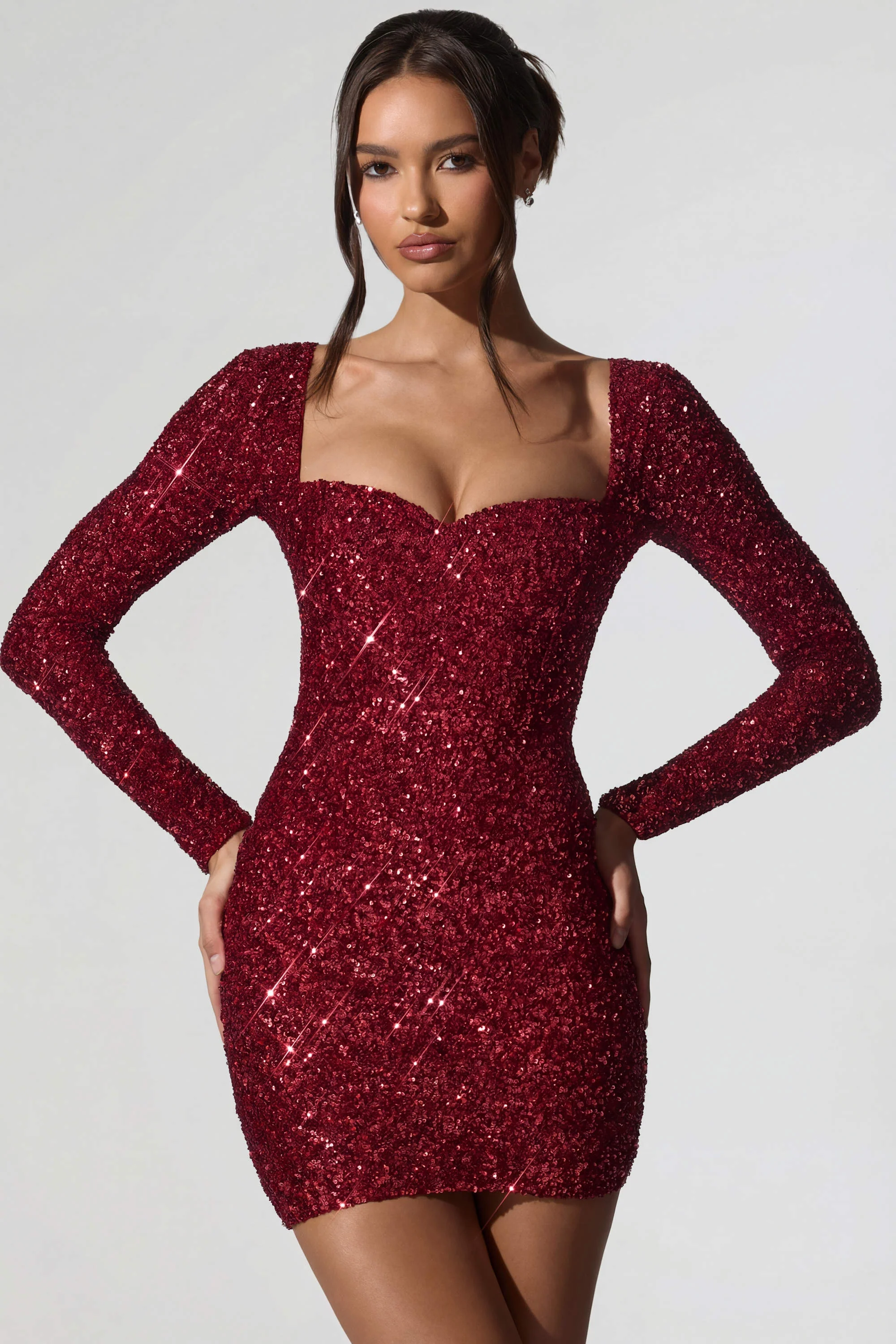 Embellished Sweetheart-Neck Mini Dress in Red